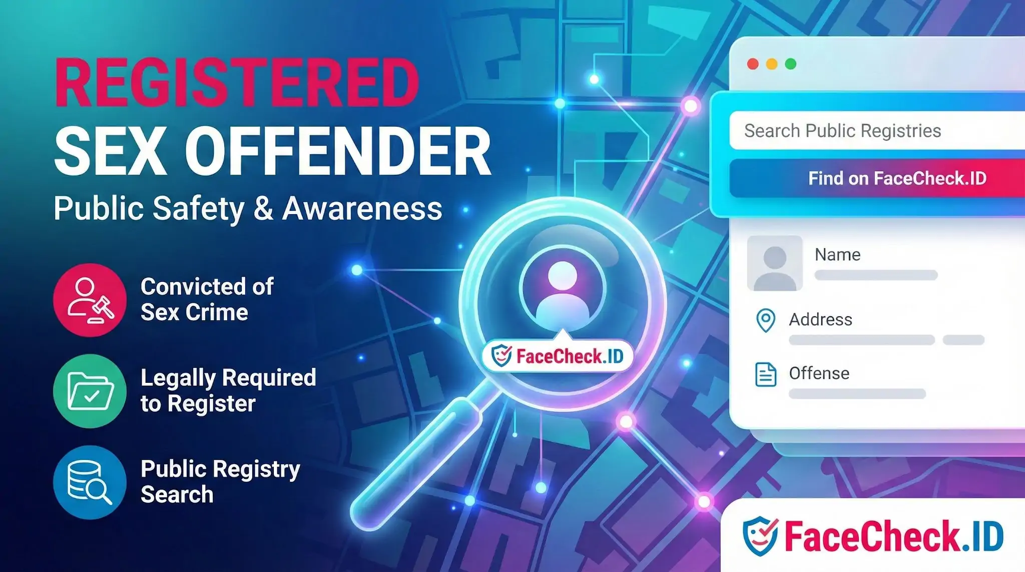 Registered sex offender public safety search tool with icons for convictions, legal registry, and FaceCheck.ID lookup.