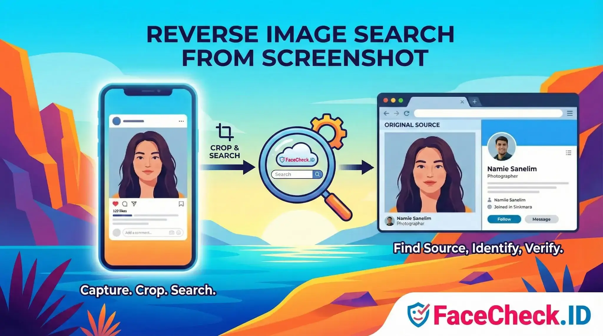 Reverse Image Search from Screenshot Reverse Image Search from Screenshot process showing a phone screen capture, cropping tool, FaceCheck.ID search, and finding the original source profile.