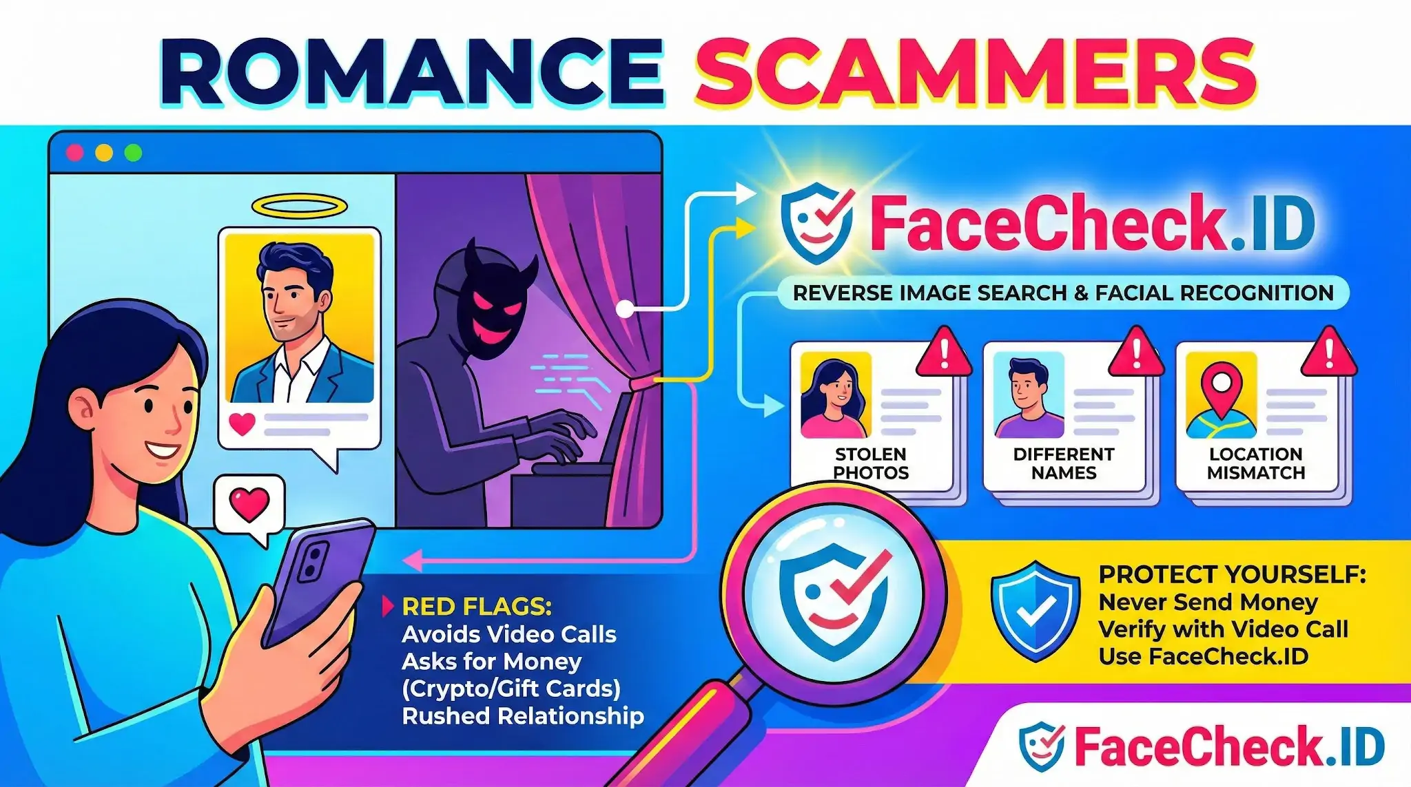 Romance Scammers Infographic on spotting Romance Scammers using facial recognition tools to reveal stolen photos and fake profiles.