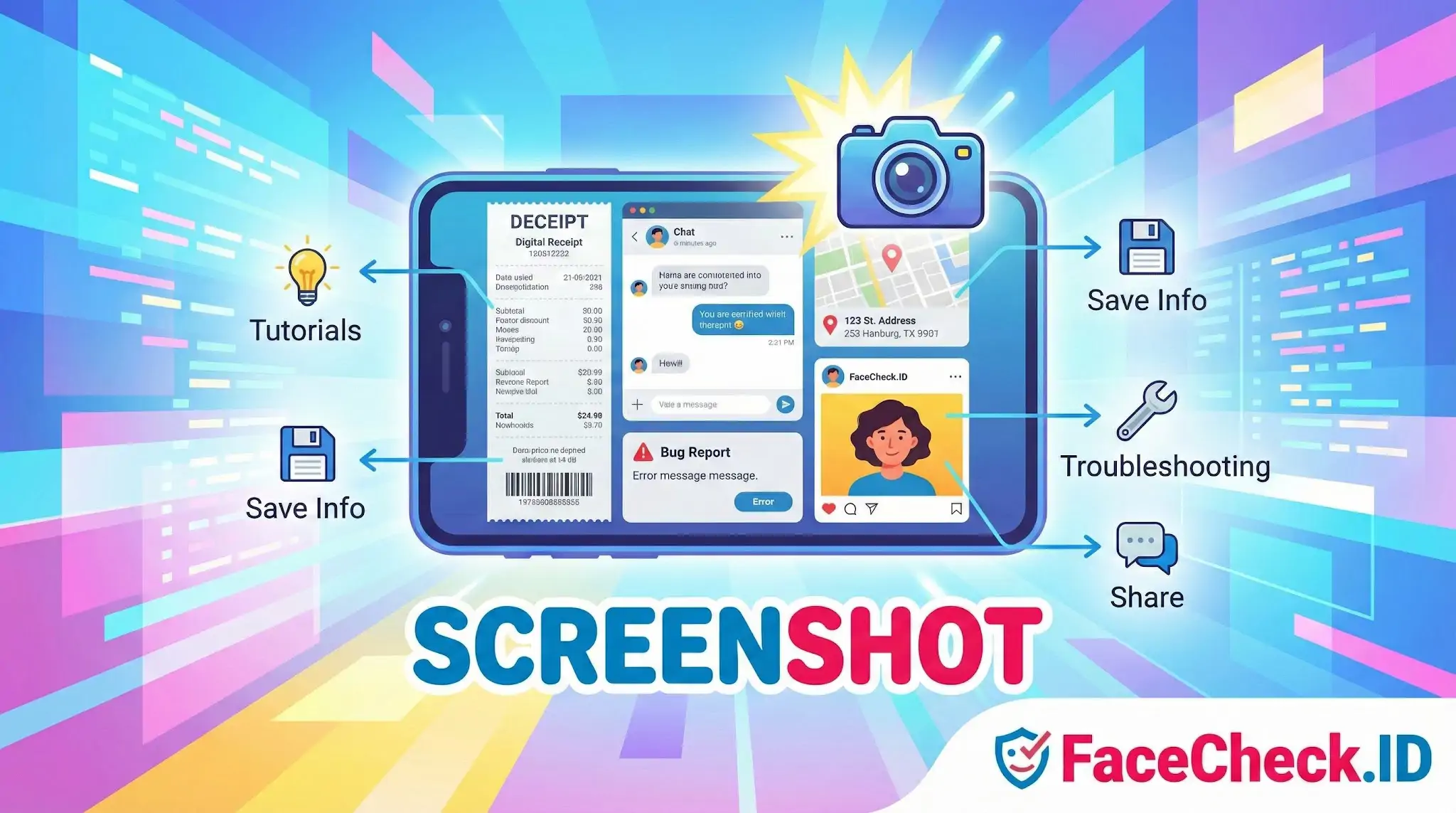 Screenshot A smartphone taking a screenshot of a receipt, chat, and profile, with labeled arrows pointing to features like save info, tutorials, troubleshooting, and share.