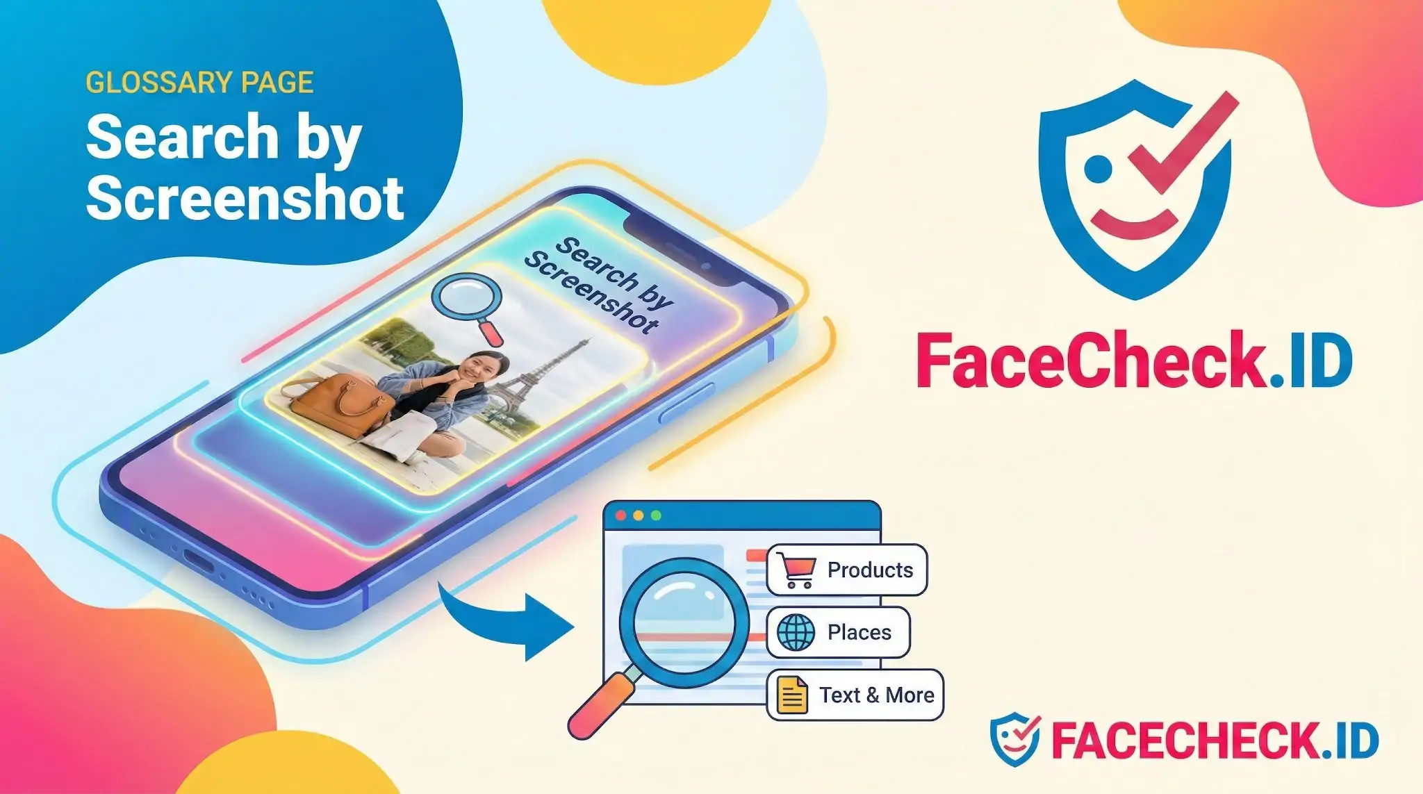 Search by Screenshot Smartphone display demonstrating the Search by Screenshot feature to identify products, places, and text with FaceCheck.ID.
