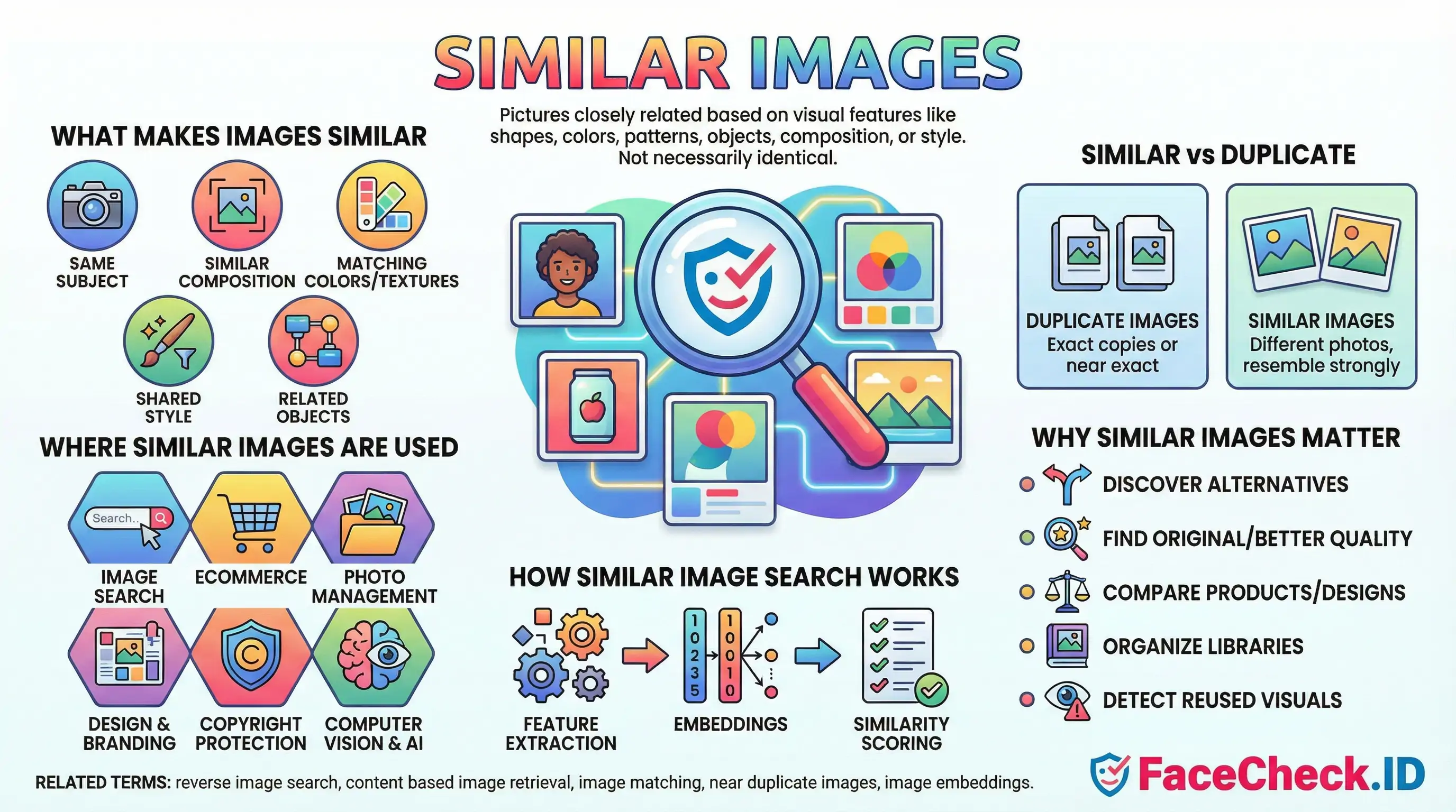 Similar Images Infographic explaining Similar Images: what defines visual similarity, how search works, use cases like ecommerce, and the difference vs duplicate photos.