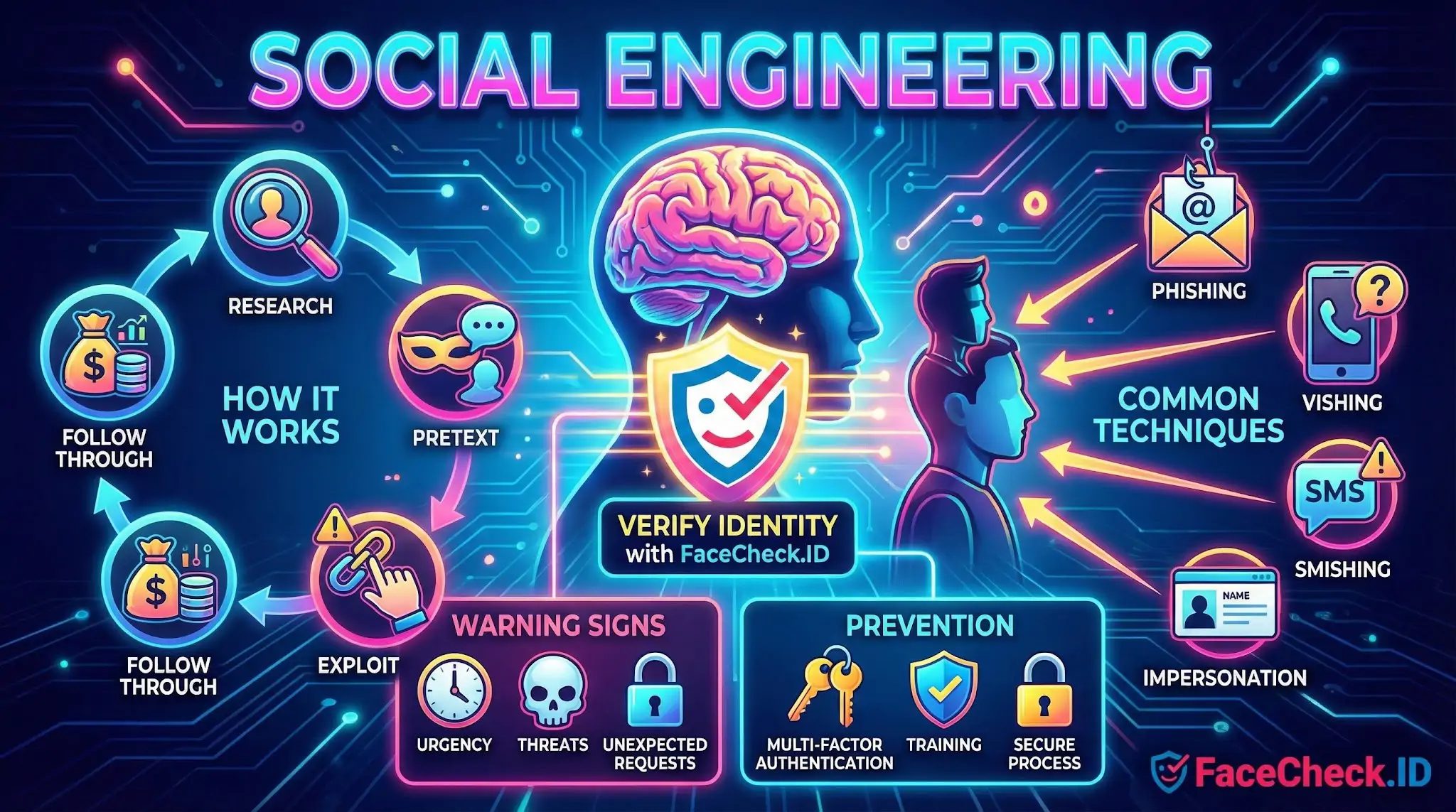 Social Engineering infographic explaining the attack cycle, common techniques like phishing, warning signs such as urgency, and prevention tips.