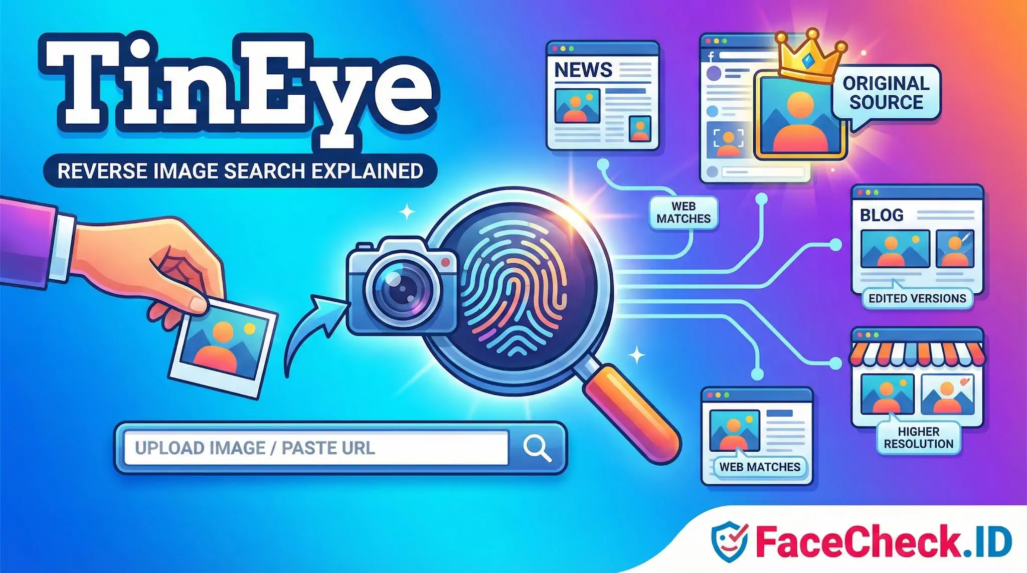 TinEye infographic explaining reverse image search: upload an image to find its original source, edited versions, and web matches.