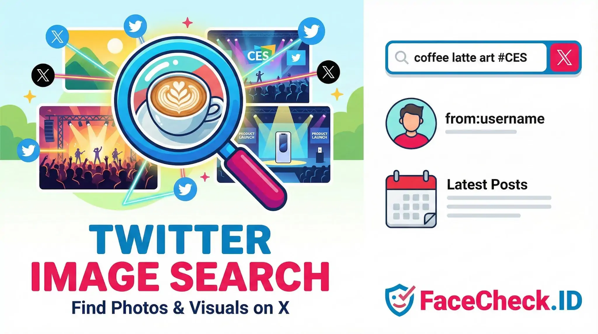 Illustration of a Twitter Image Search tool showing a magnifying glass finding specific visuals like latte art within event photos on the X platform.