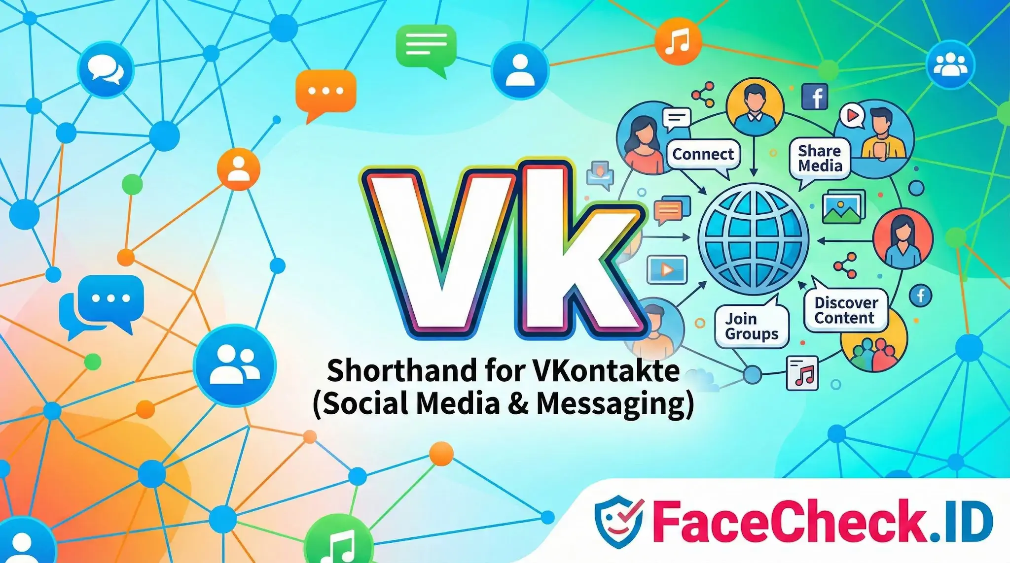 VK logo defined as shorthand for VKontakte social media and messaging, surrounded by network icons.