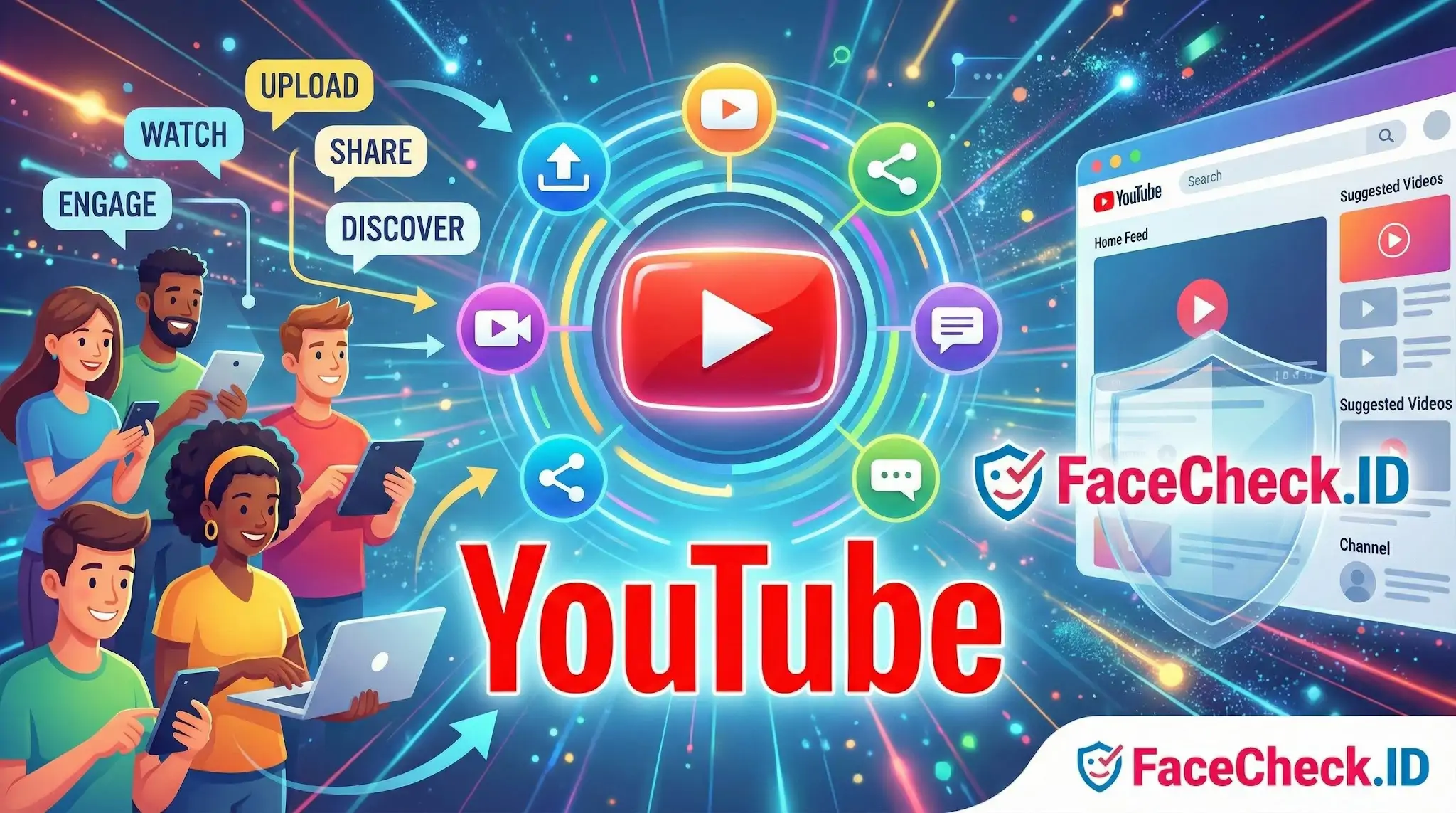 YouTube People watching and sharing videos on YouTube, surrounded by digital connection lines and a prominent FaceCheck.ID security shield.