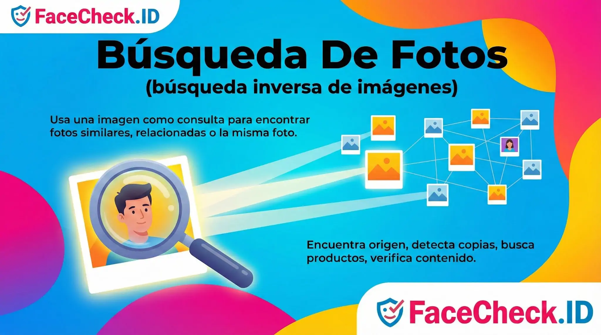 Lupa sobre imagen de un hombre mostrando cómo funciona la Búsqueda De Fotos inversa de FaceCheck.ID para encontrar imágenes similares en la web.