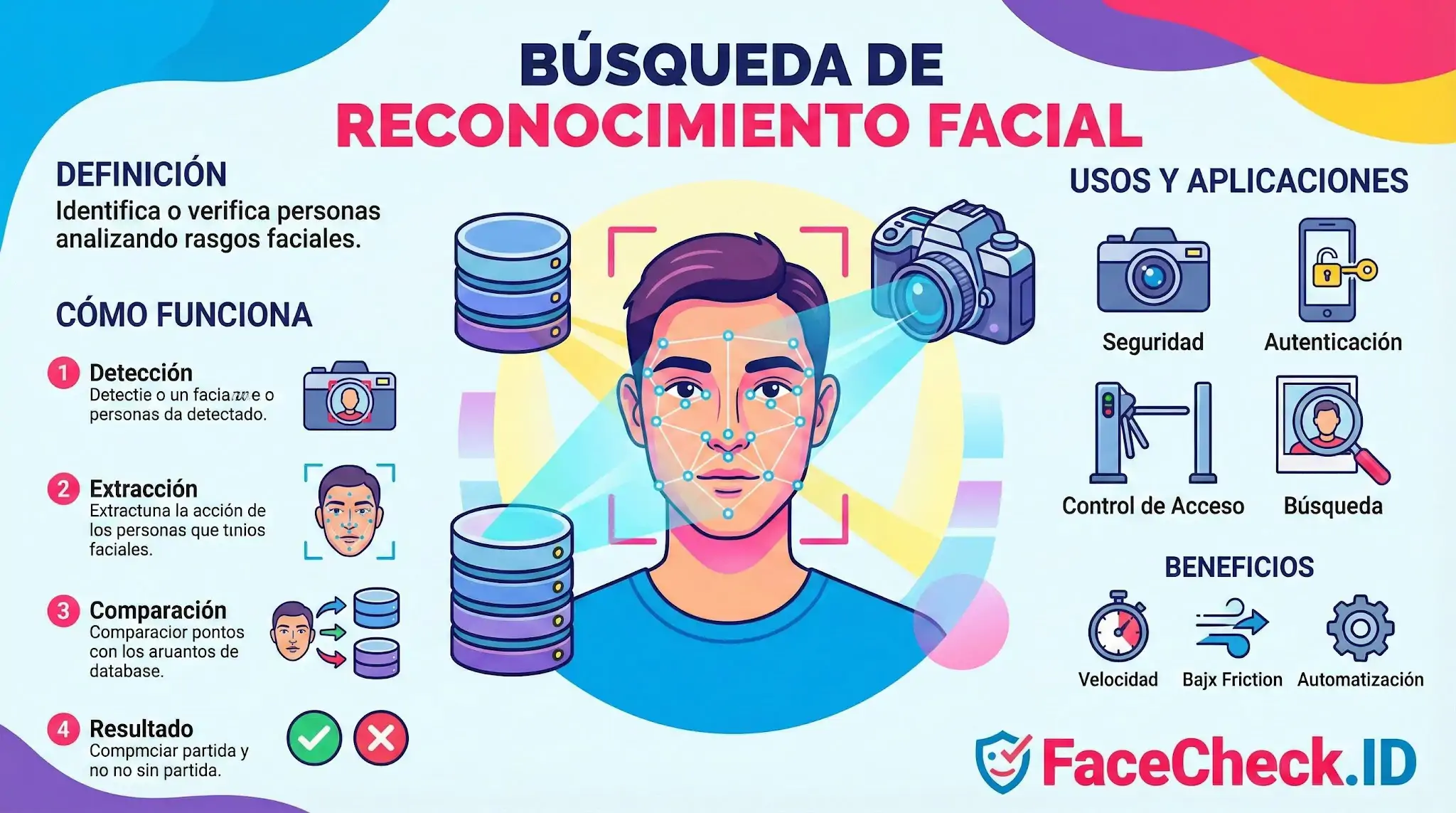 Infografía sobre búsqueda de reconocimiento facial explicando definición, detección, comparación y usos como seguridad y autenticación.