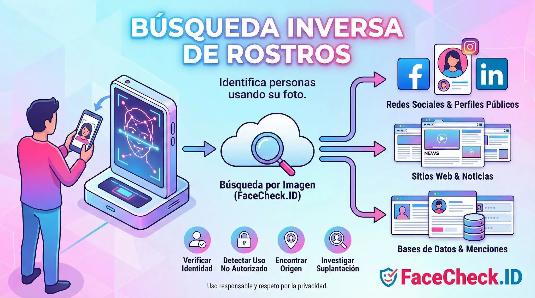 Infografía de Búsqueda Inversa De Rostros: proceso para identificar personas por foto mediante escaneo facial y búsqueda en redes sociales, noticias y bases de datos con FaceCheck.ID.