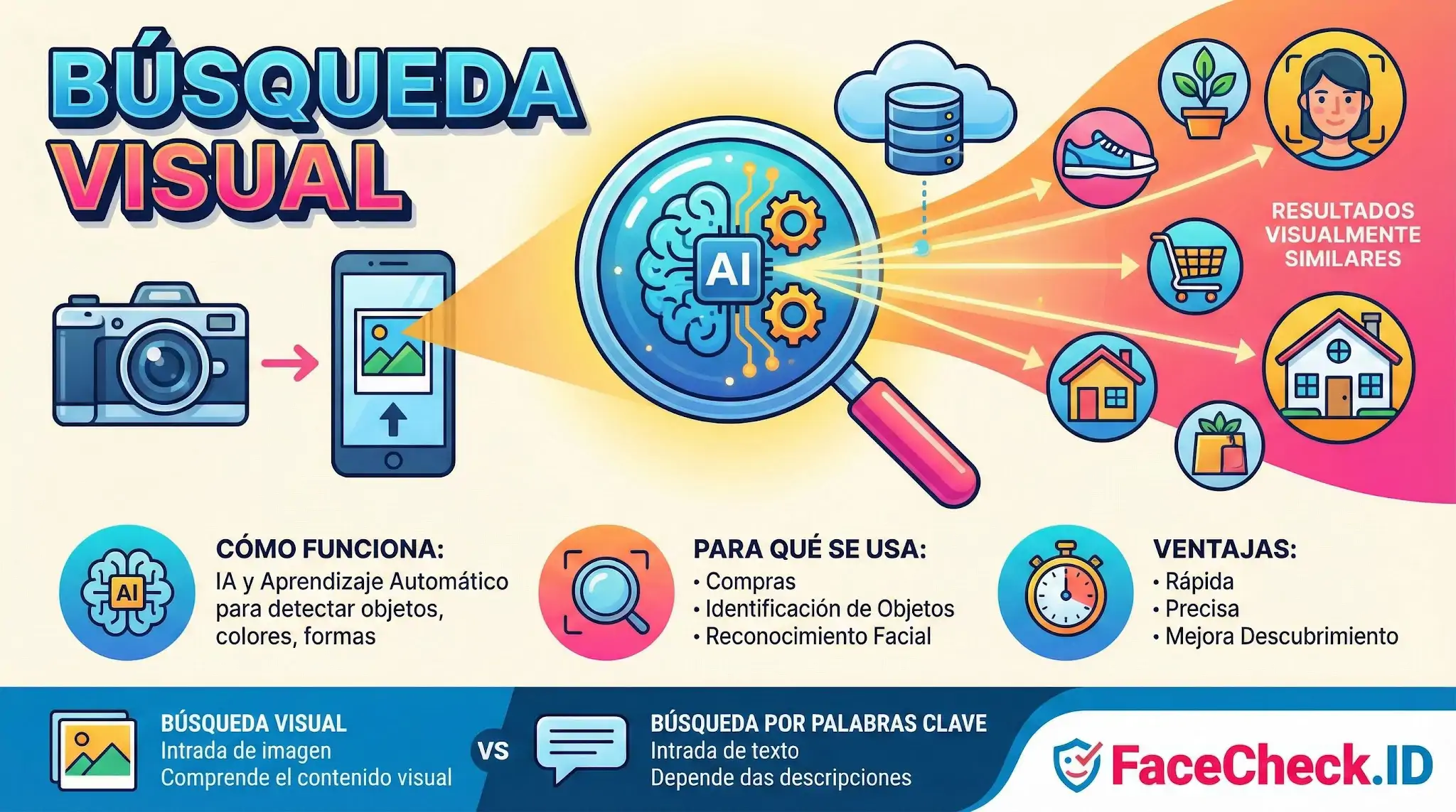 Búsqueda Visual Infografía sobre Búsqueda Visual: muestra cómo la IA analiza imágenes para encontrar resultados similares y explica sus ventajas y usos.