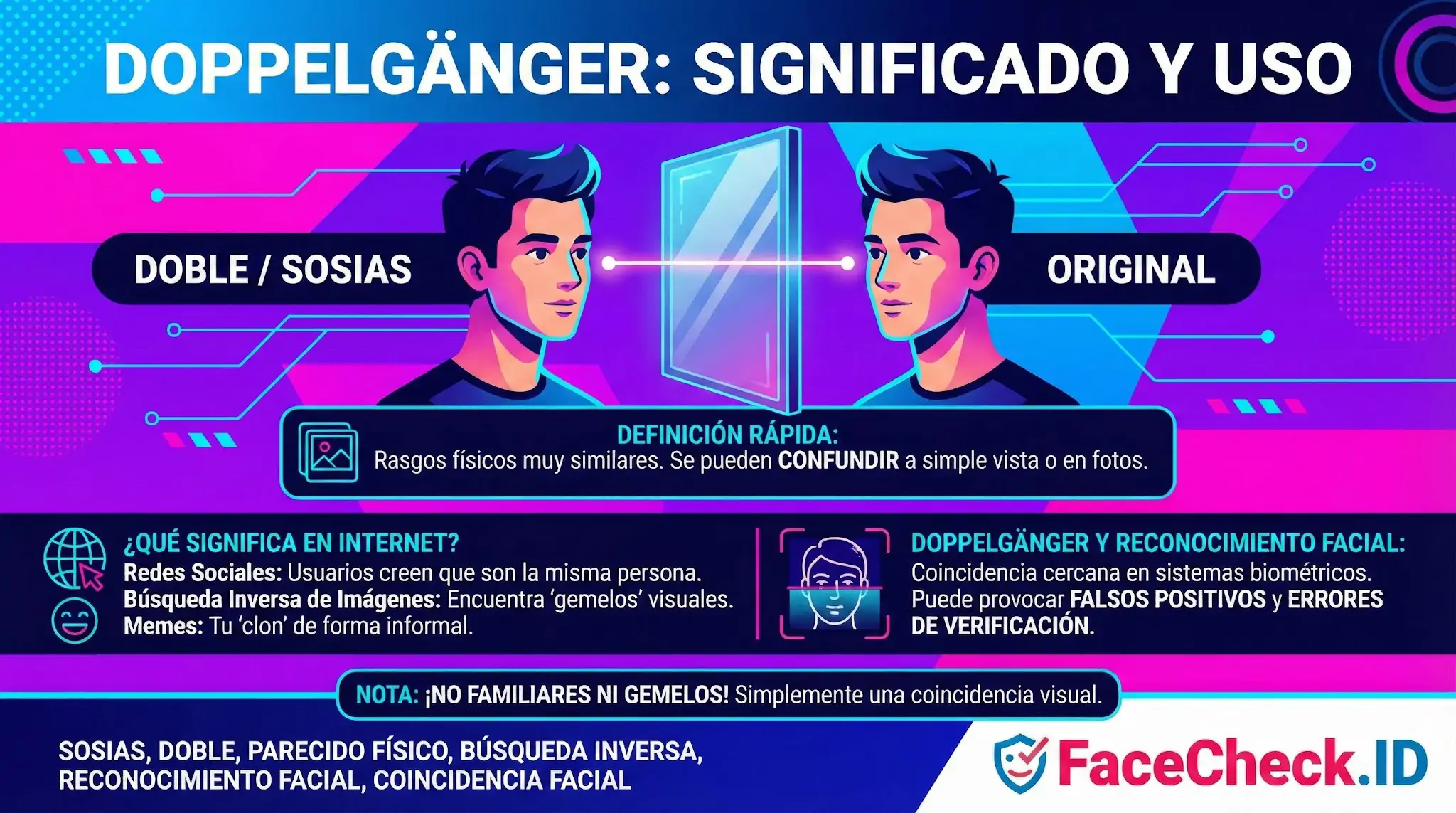 Doppelgänger Infografía sobre el significado de Doppelgänger: sosias físicos que comparten rasgos similares y confunden al reconocimiento facial.
