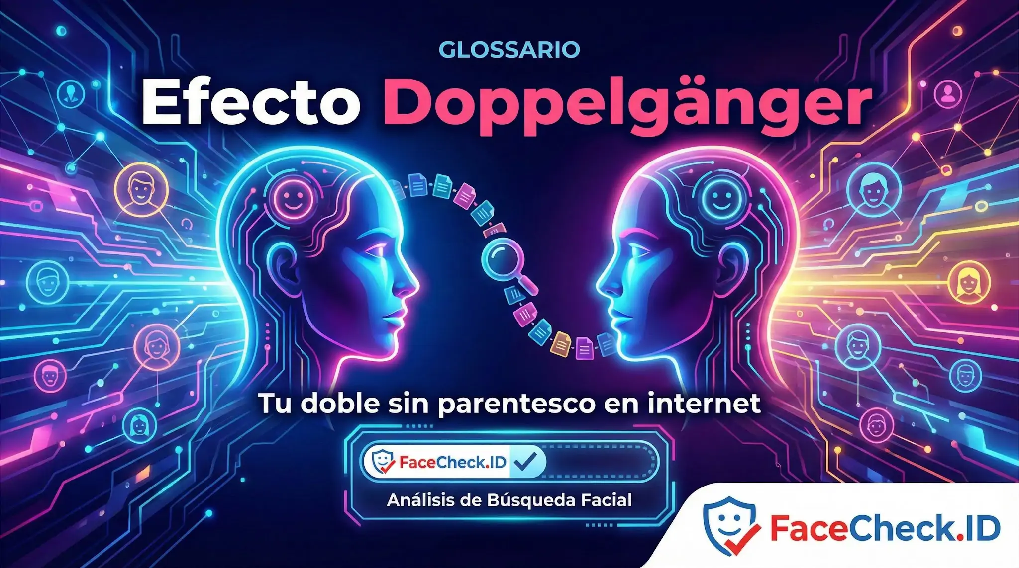 Efecto Doppelgänger Ilustración tecnológica de dos perfiles digitales enfrentados representando el Efecto Doppelgänger: tu doble sin parentesco en internet.