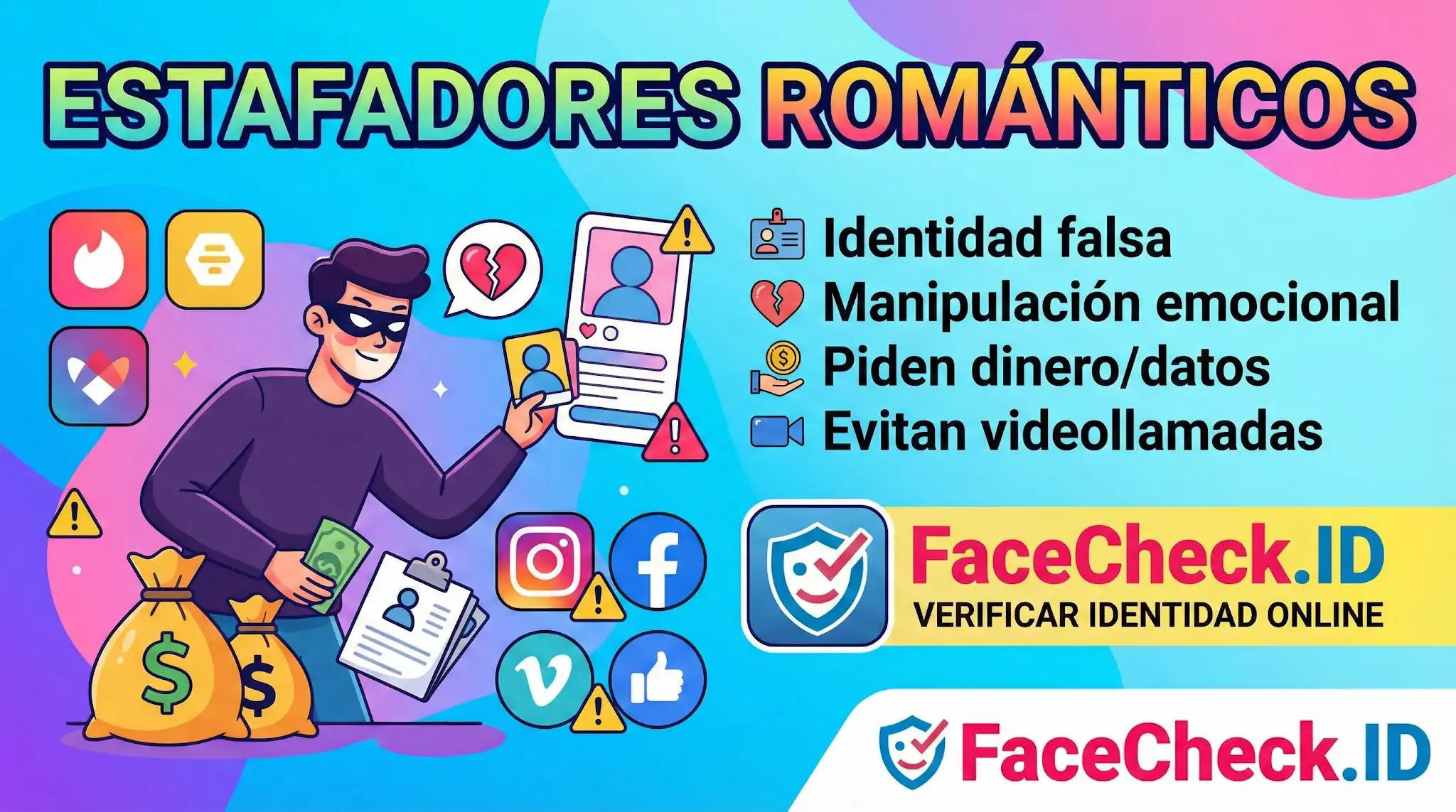 Infografía sobre Estafadores Románticos: cómo operan en apps de citas, señales de alerta y uso de FaceCheck.ID para verificar identidad.