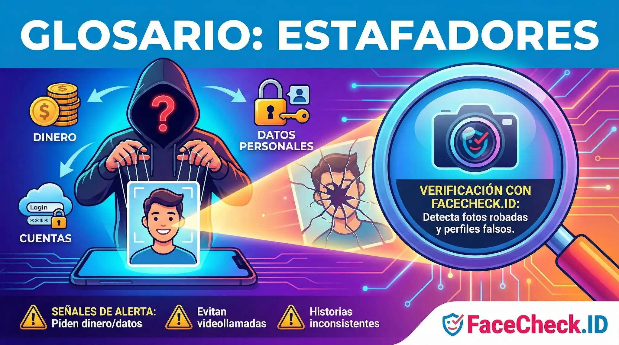 Estafadores Infografía sobre estafadores que roban datos y dinero, mostrando cómo detectar perfiles falsos usando la herramienta FaceCheck.ID.