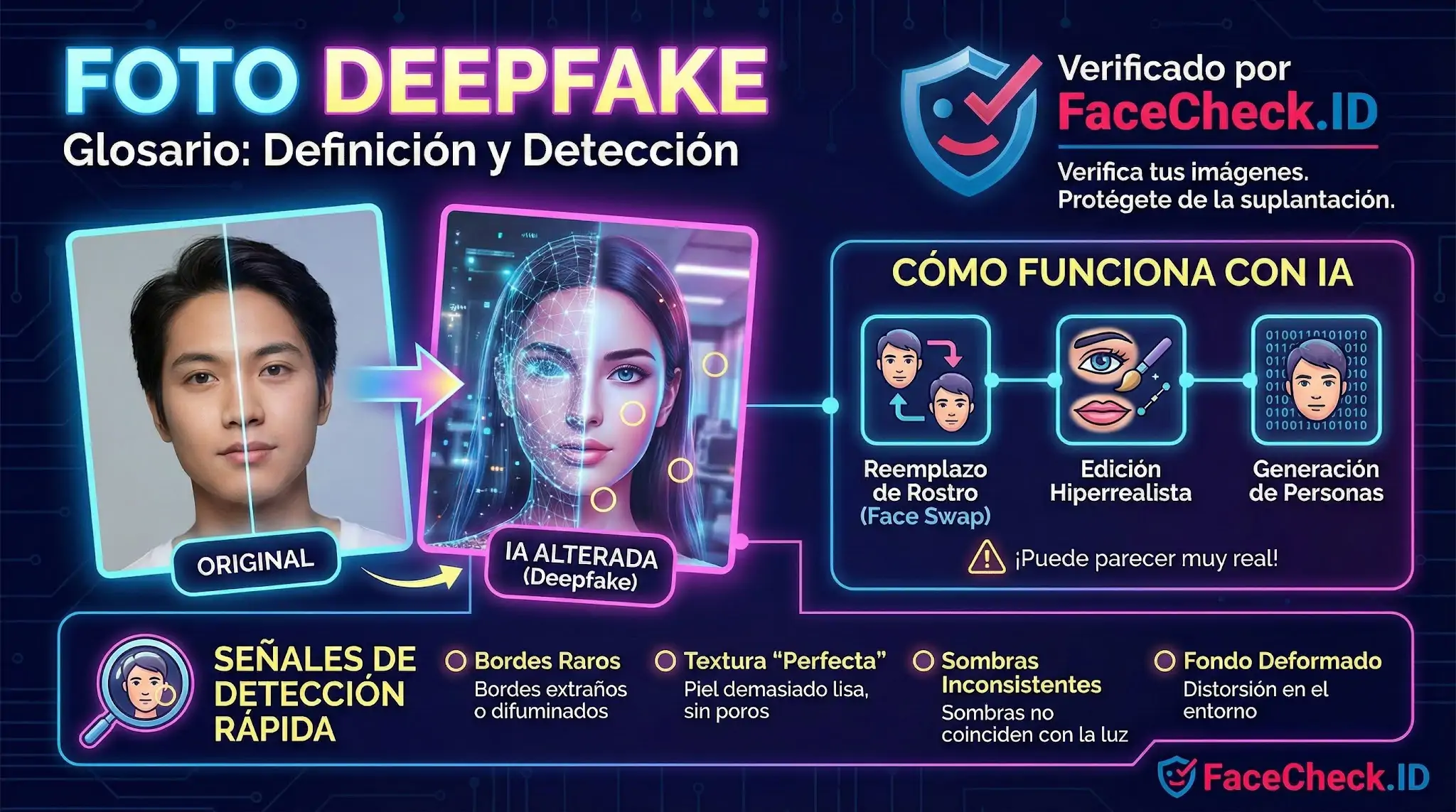 Foto Deepfake Infografía sobre Foto Deepfake explicando la detección de rostros creados por IA, señales de alerta y verificación con FaceCheck.ID.