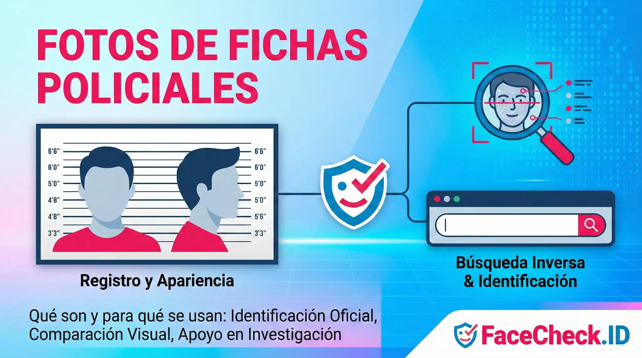 Diagrama mostrando el uso de fotos de fichas policiales para identificación oficial y búsqueda inversa mediante comparación visual en FaceCheck.ID.