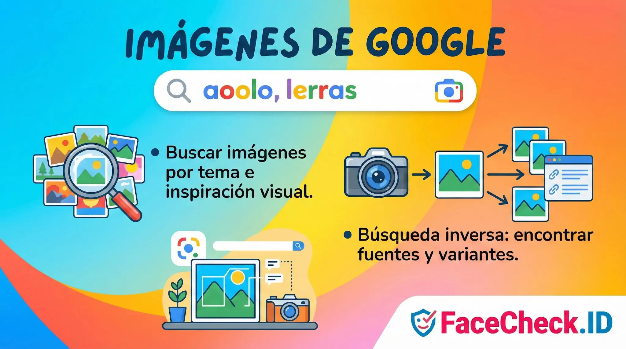 Imágenes De Google Infografía sobre Imágenes de Google que explica cómo buscar por tema o realizar una búsqueda inversa para hallar fuentes.