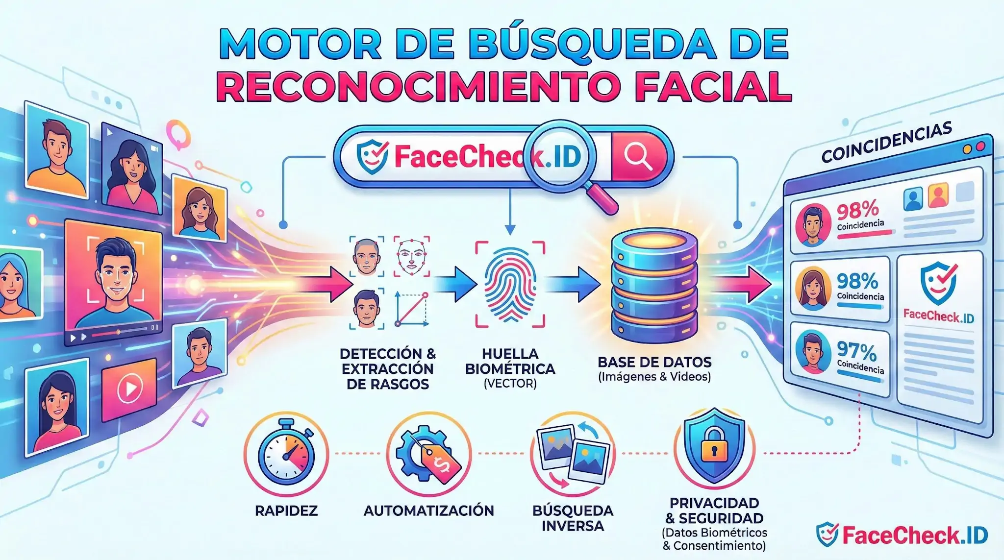 Diagrama del Motor De Búsqueda De Reconocimiento Facial de FaceCheck.ID mostrando el proceso de detección, huella biométrica y coincidencias.