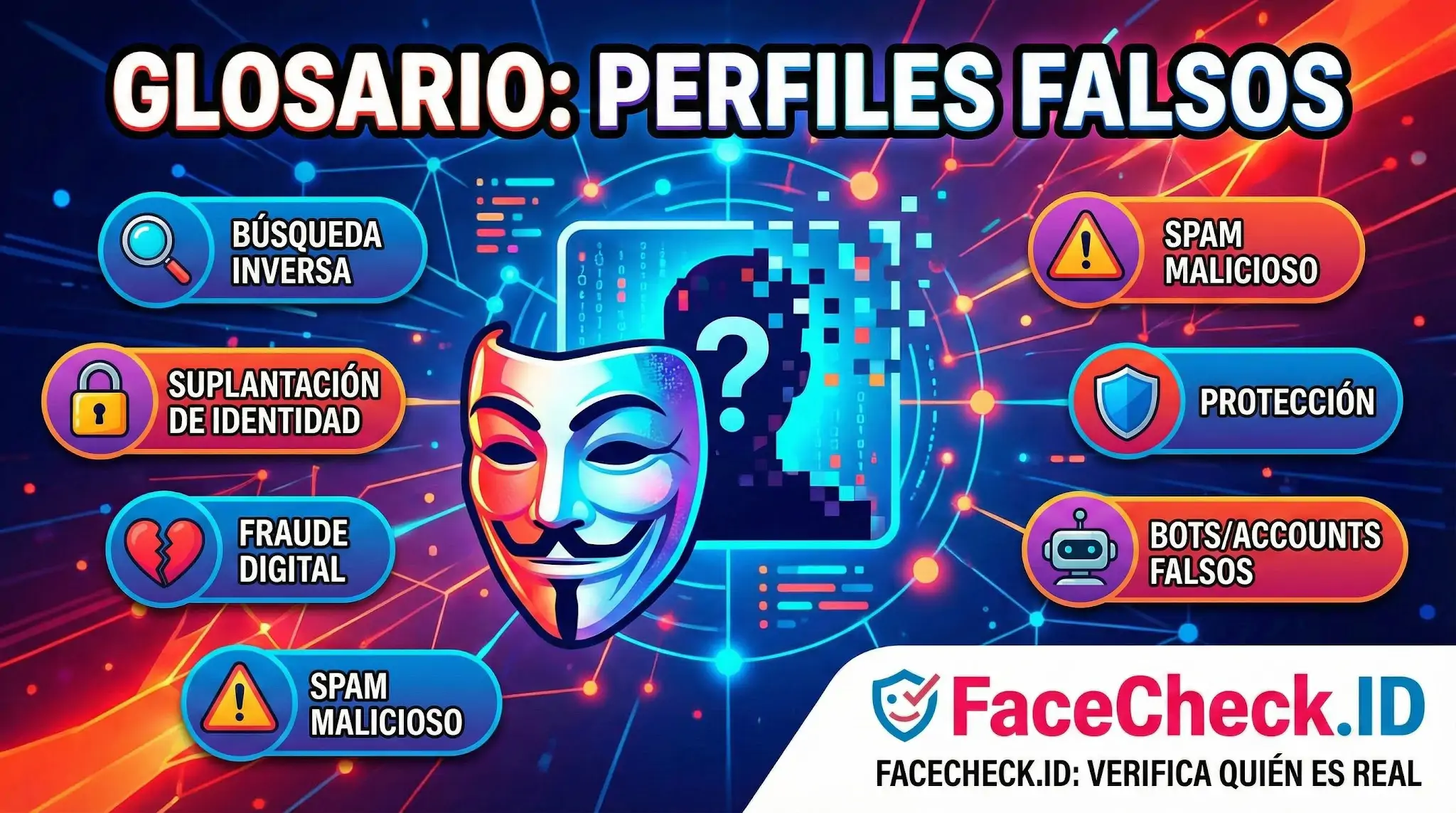 Perfiles Falsos Glosario de perfiles falsos que destaca conceptos clave como suplantación de identidad, fraude digital, bots, spam malicioso y protección.