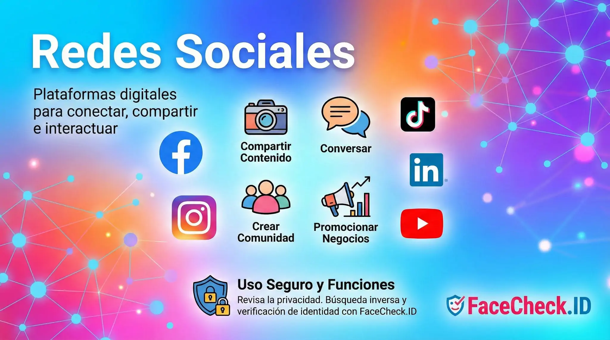 Infografía sobre Redes Sociales que define sus funciones clave como compartir contenido y crear comunidad, junto a logos de plataformas populares.