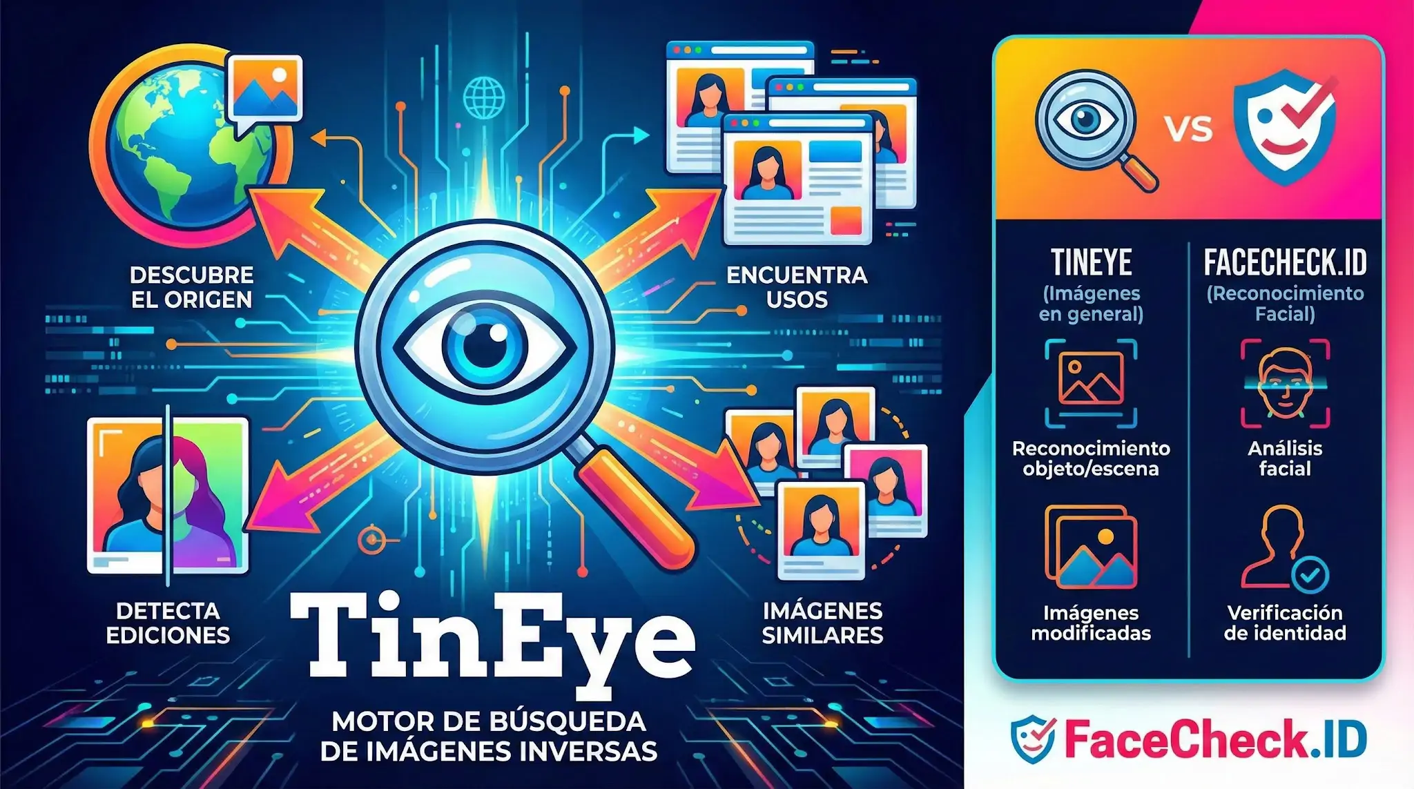 Infografía sobre TinEye: descubre el origen de fotos, detecta ediciones y encuentra imágenes similares frente a FaceCheck.ID.