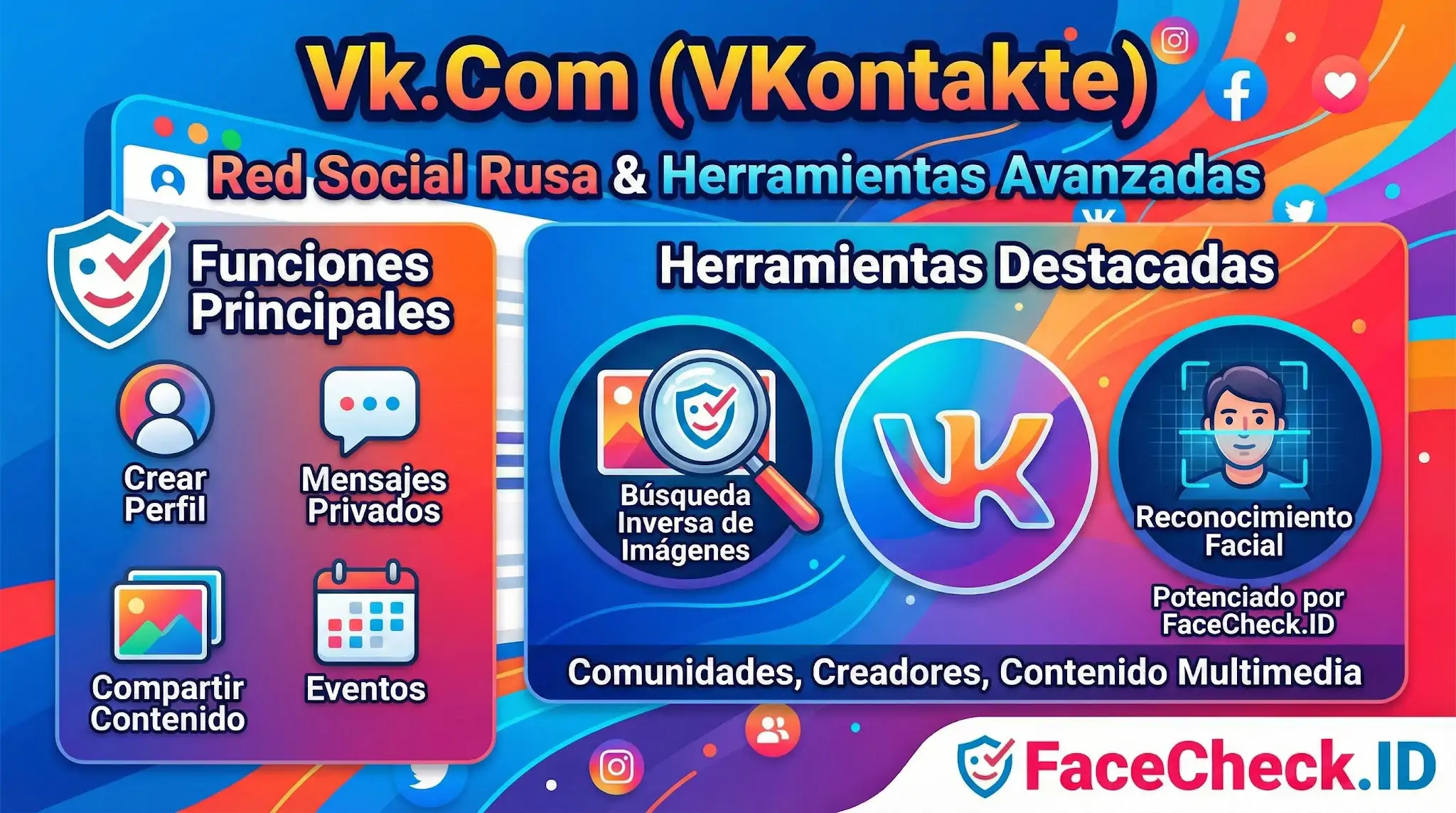 Infografía sobre Vk.Com que destaca sus funciones sociales y herramientas avanzadas como búsqueda inversa de imágenes y reconocimiento facial.