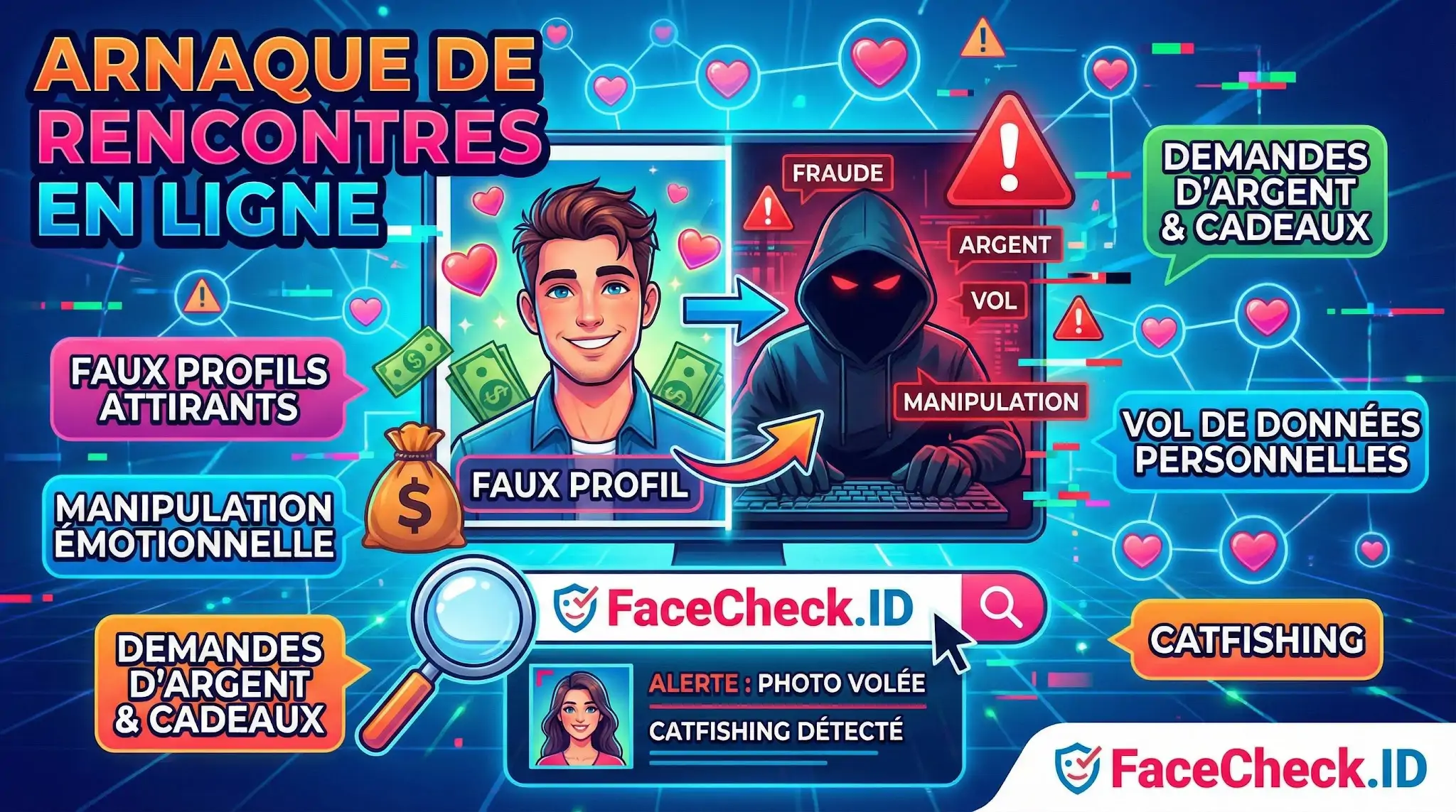 Infographie sur larnaque de rencontres en ligne montrant un faux profil cachant un hacker, les signes de catfishing et loutil de vérification FaceCheck.ID.
