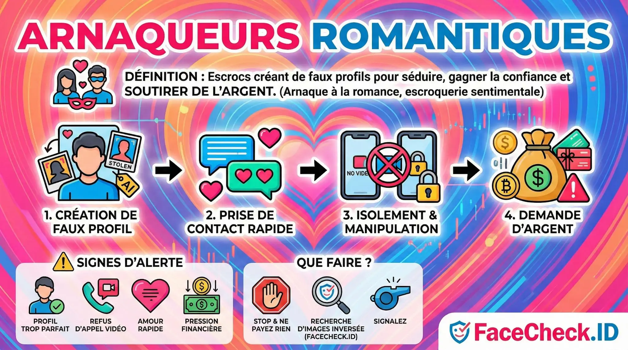 Infographie sur les Arnaqueurs Romantiques : définition, étapes de lescroquerie (faux profil, manipulation, demande dargent) et comment se protéger.