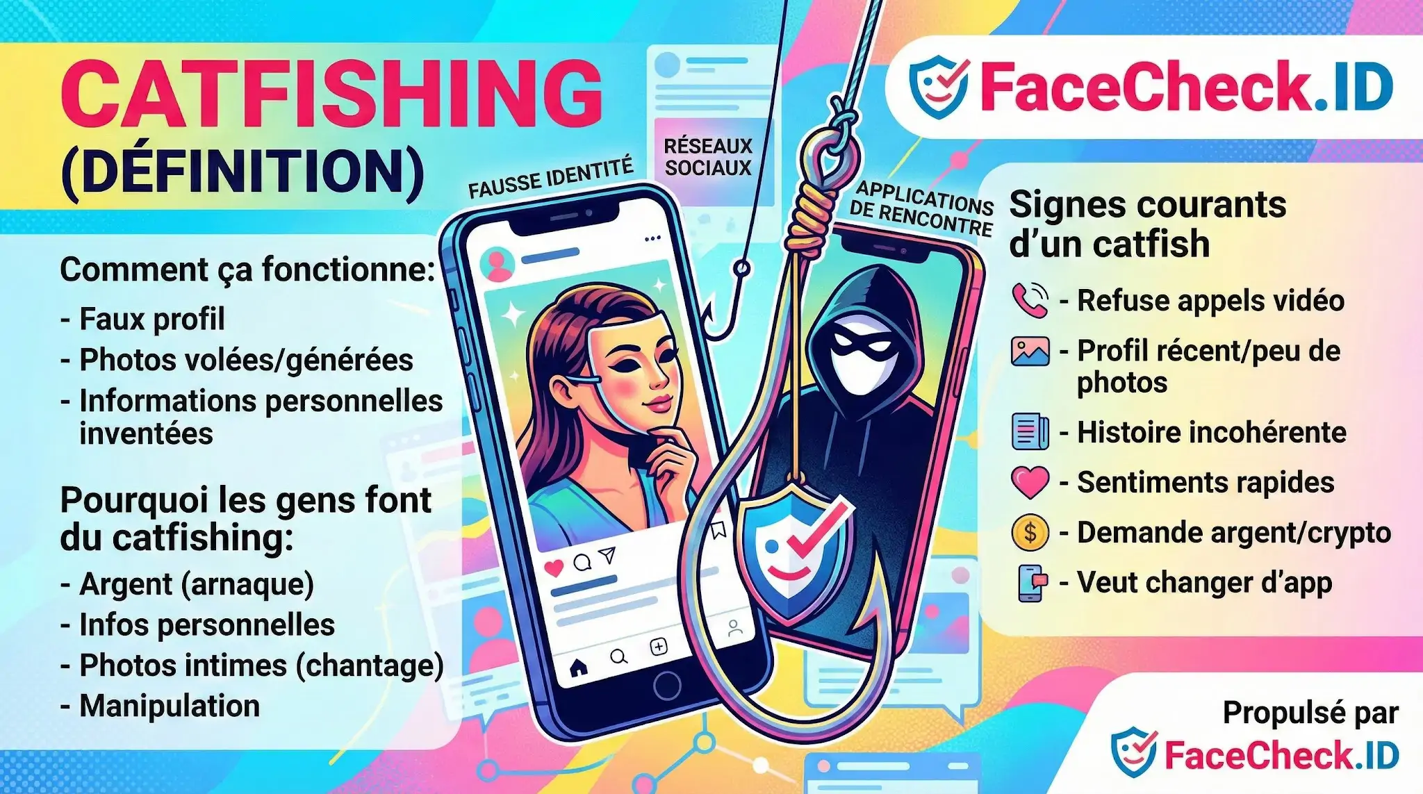Définition du catfishing et signes dalerte : faux profils, refus dappels vidéo et demandes dargent, expliqués par FaceCheck.ID.