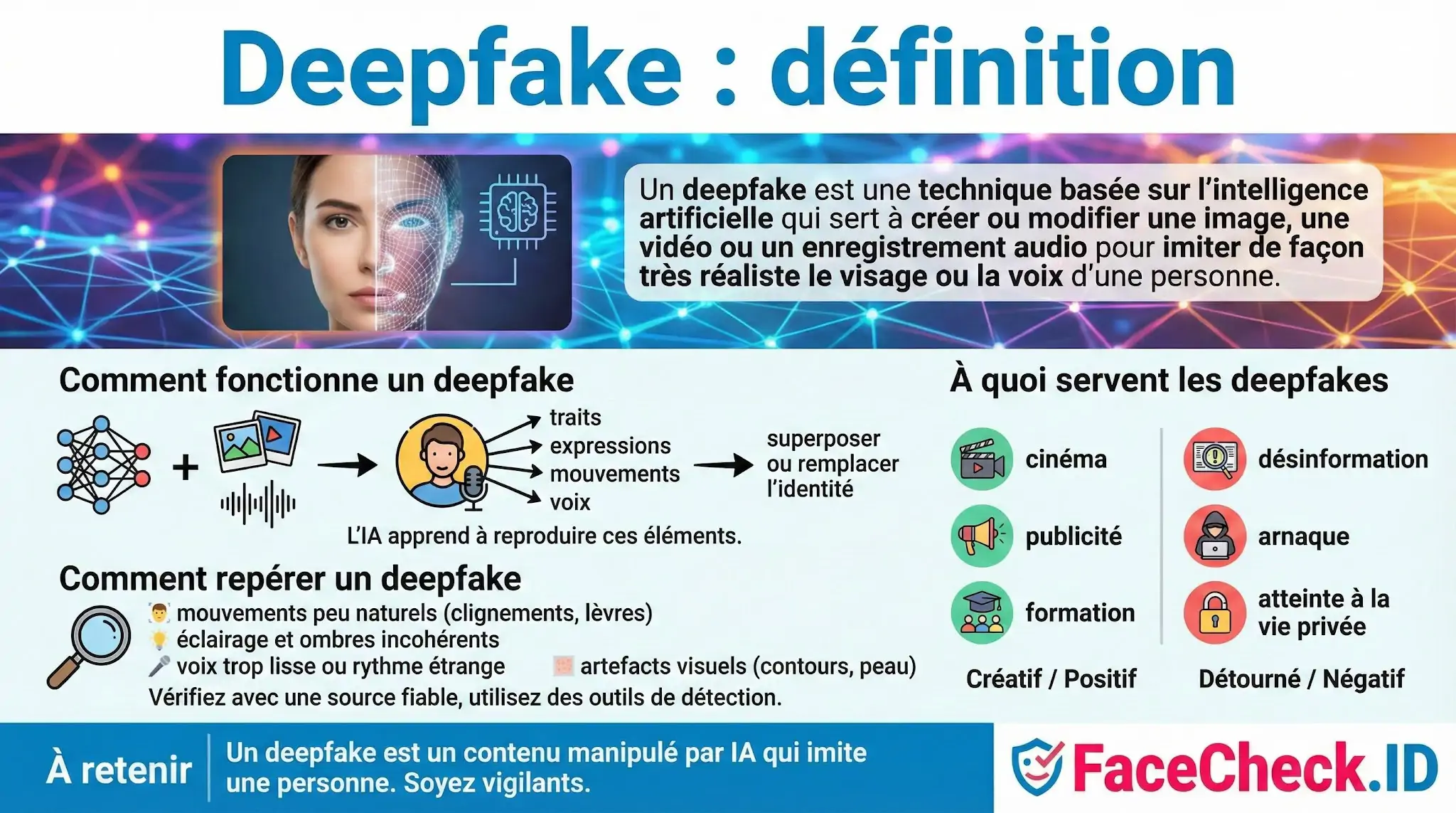 Deepfake Infographie expliquant la définition du deepfake : une technique dIA pour imiter un visage ou une voix, ses usages positifs et négatifs, son fonctionnement et comment le repérer.
