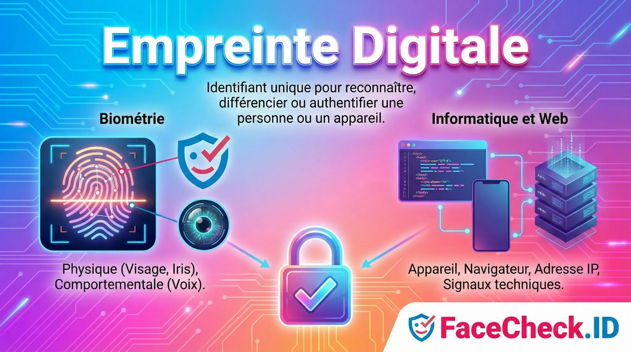 Empreinte Digitale Infographie sur lEmpreinte Digitale expliquant la différence entre la biométrie physique (iris, visage) et les données informatiques web.