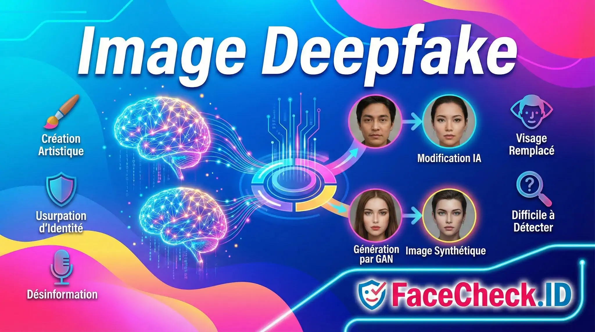 Schéma explicatif de limage Deepfake montrant la modification de visages par IA, la génération synthétique et les risques de désinformation.