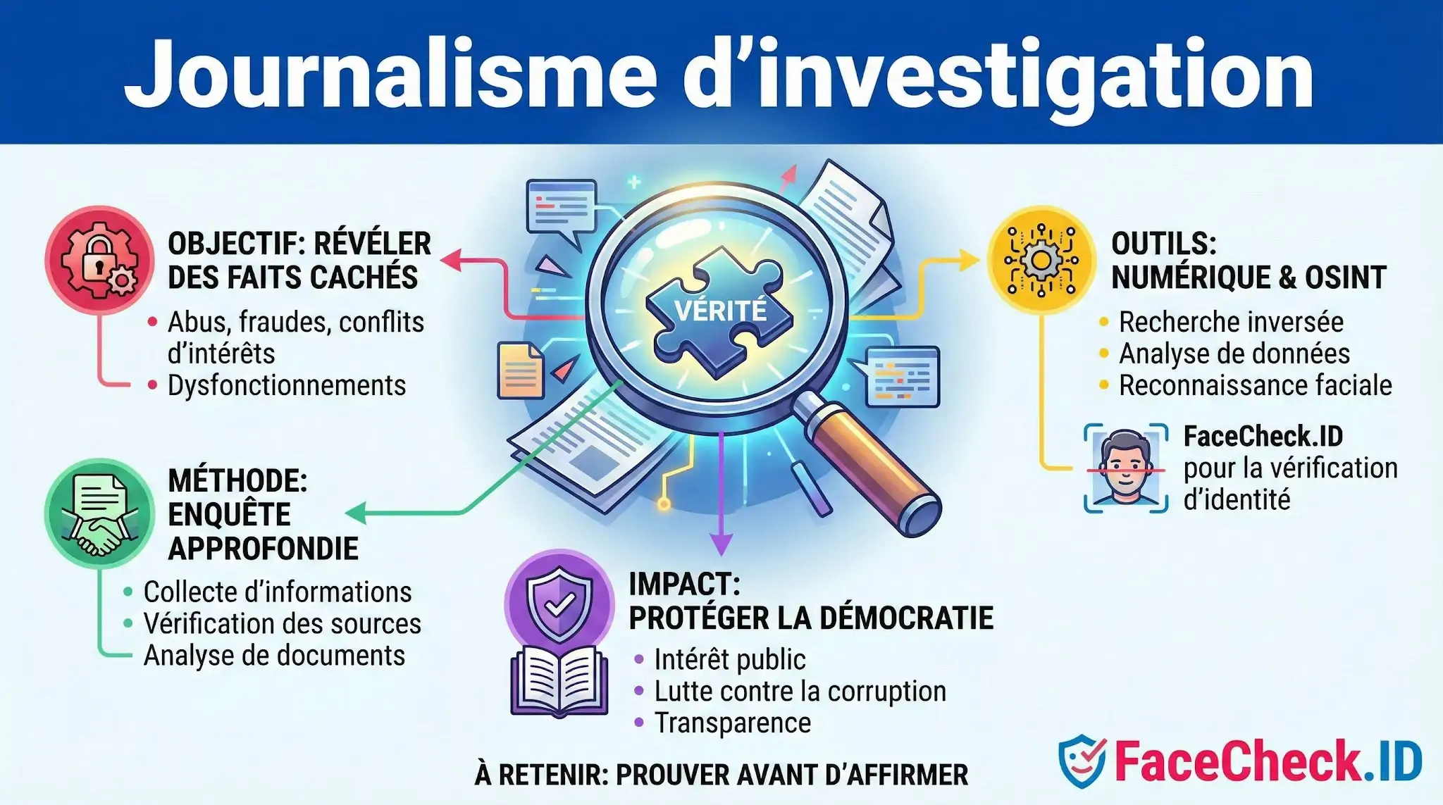 Infographie sur le journalisme dinvestigation détaillant ses objectifs, méthodes denquête, impact démocratique et outils numériques OSINT comme FaceCheck.ID.