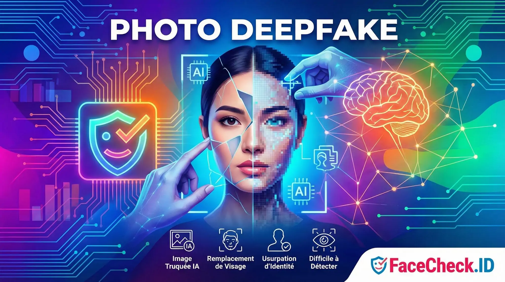 Photo Deepfake Visage de femme mi-réel mi-pixelisé illustrant les dangers dune photo deepfake et limportance de la détection dusurpation didentité avec FaceCheck.ID.