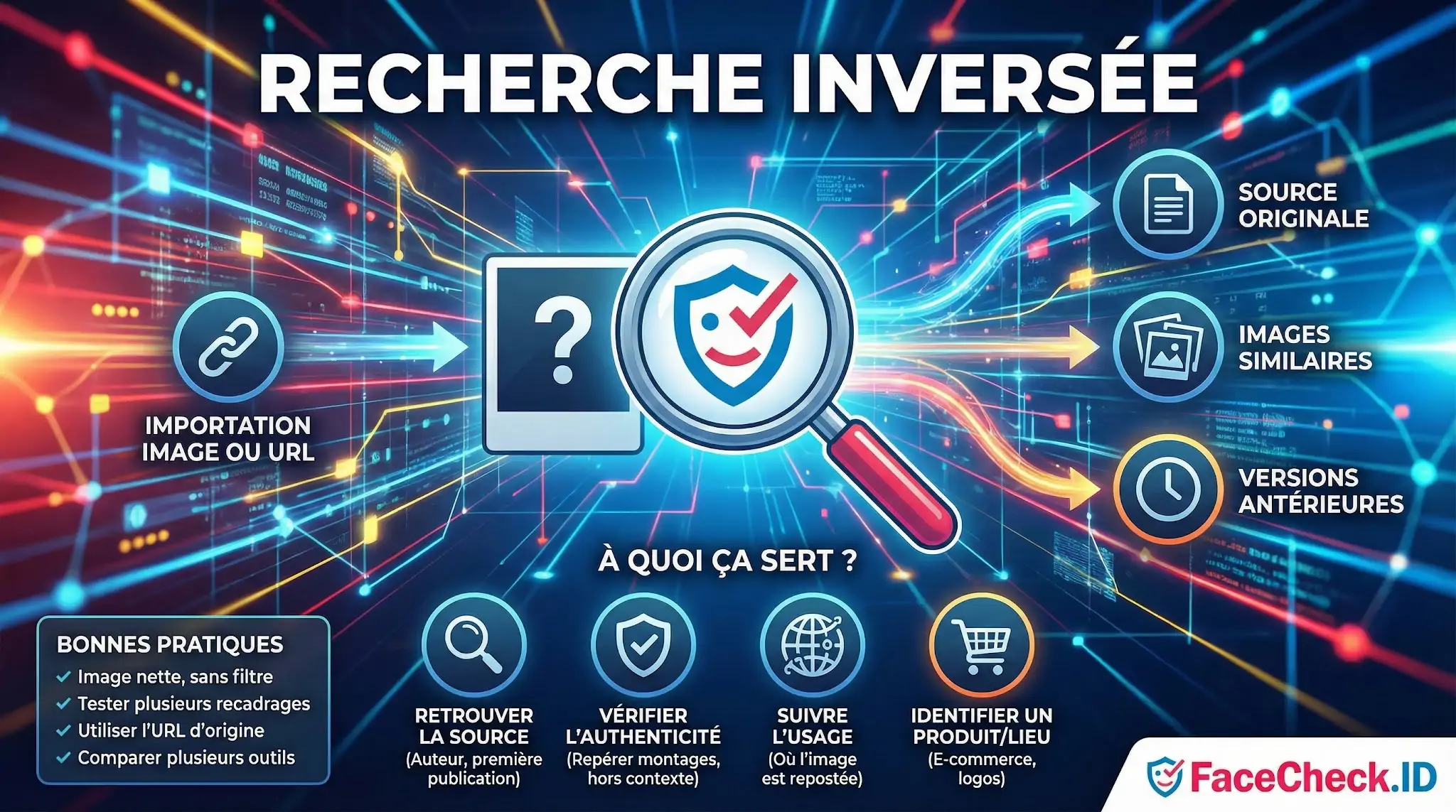 Recherche Inversée Infographie sur la Recherche Inversée expliquant comment importer une image pour trouver sa source originale, des images similaires ou des versions antérieures.