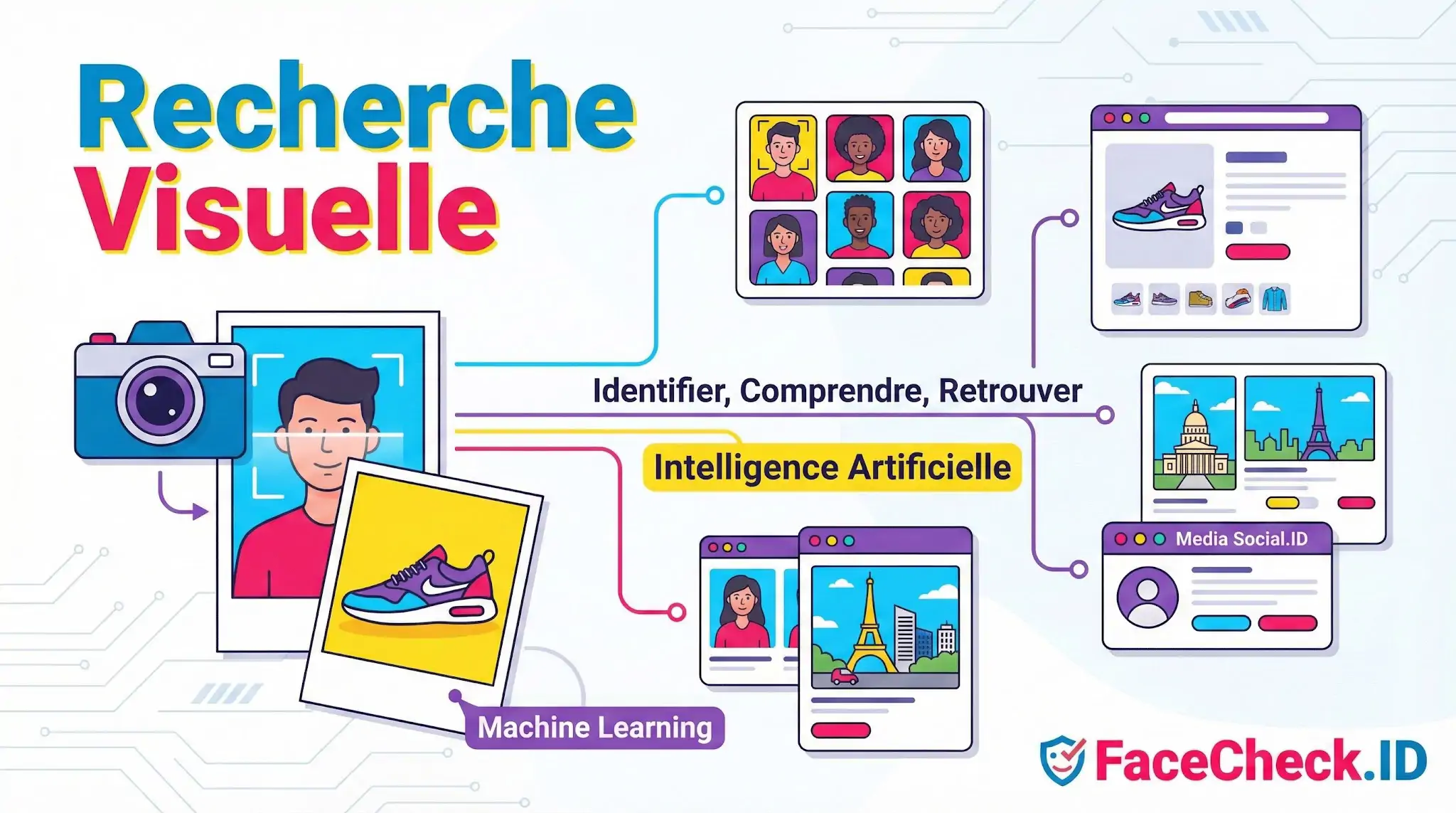 Infographie sur la Recherche Visuelle montrant comment lintelligence artificielle identifie et retrouve des images de personnes, objets et lieux.
