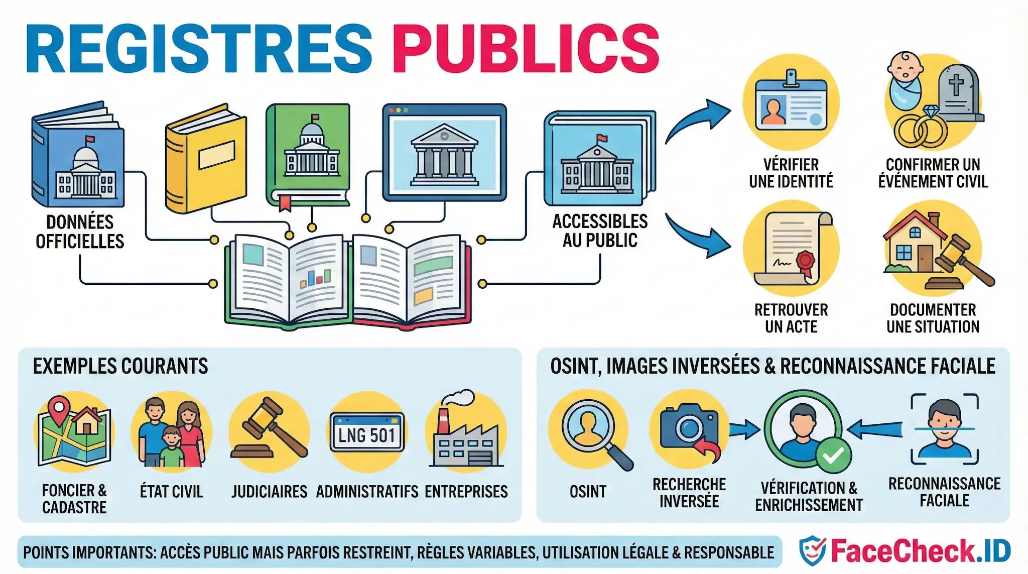 Registres Publics Infographie sur les Registres Publics : données officielles, état civil, cadastre et outils de vérification didentité OSINT.