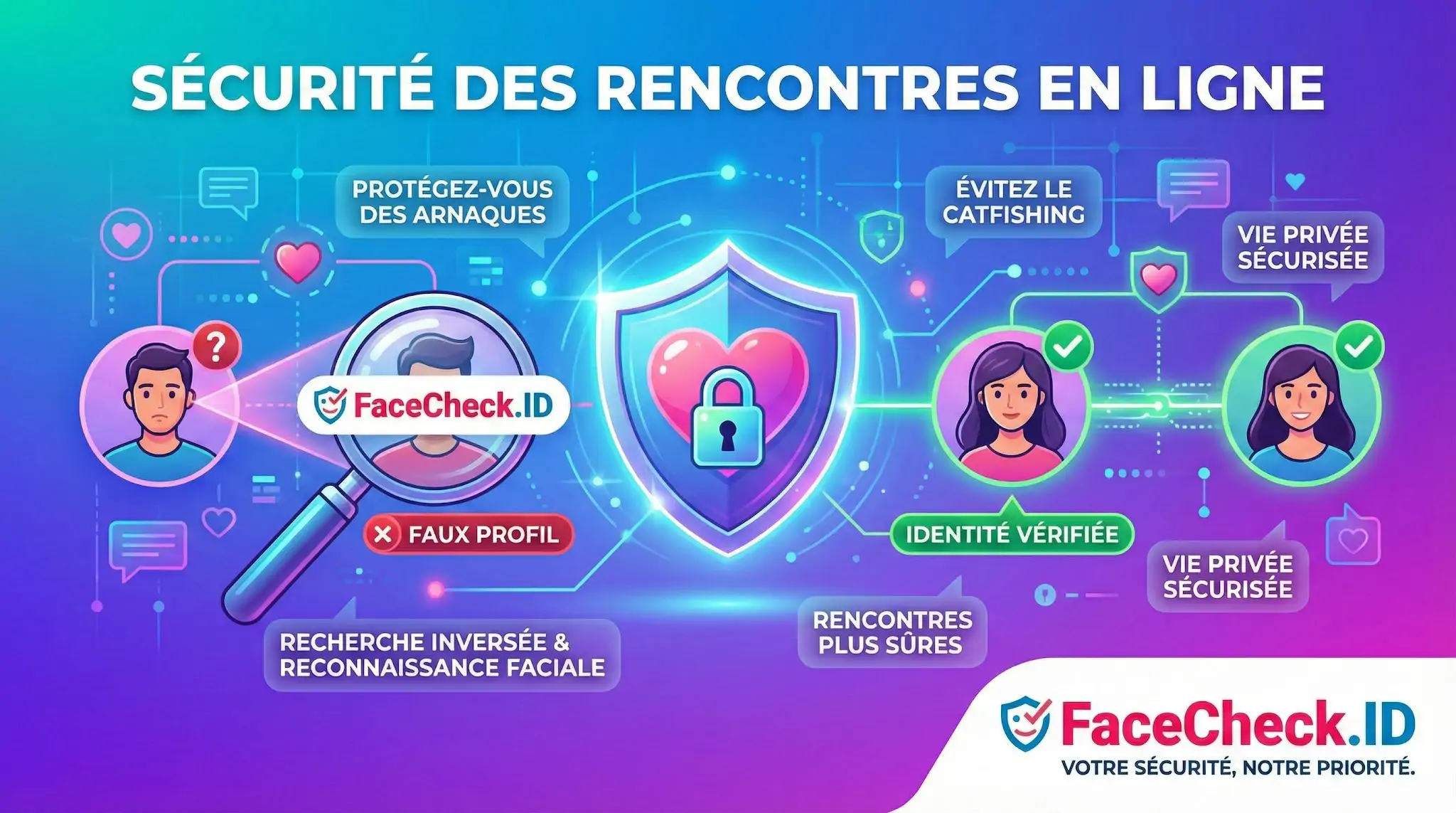 Sécurité Des Rencontres En Ligne Illustration sur la sécurité des rencontres en ligne: FaceCheck.ID vérifie lidentité, détecte les faux profils et protège contre le catfishing.