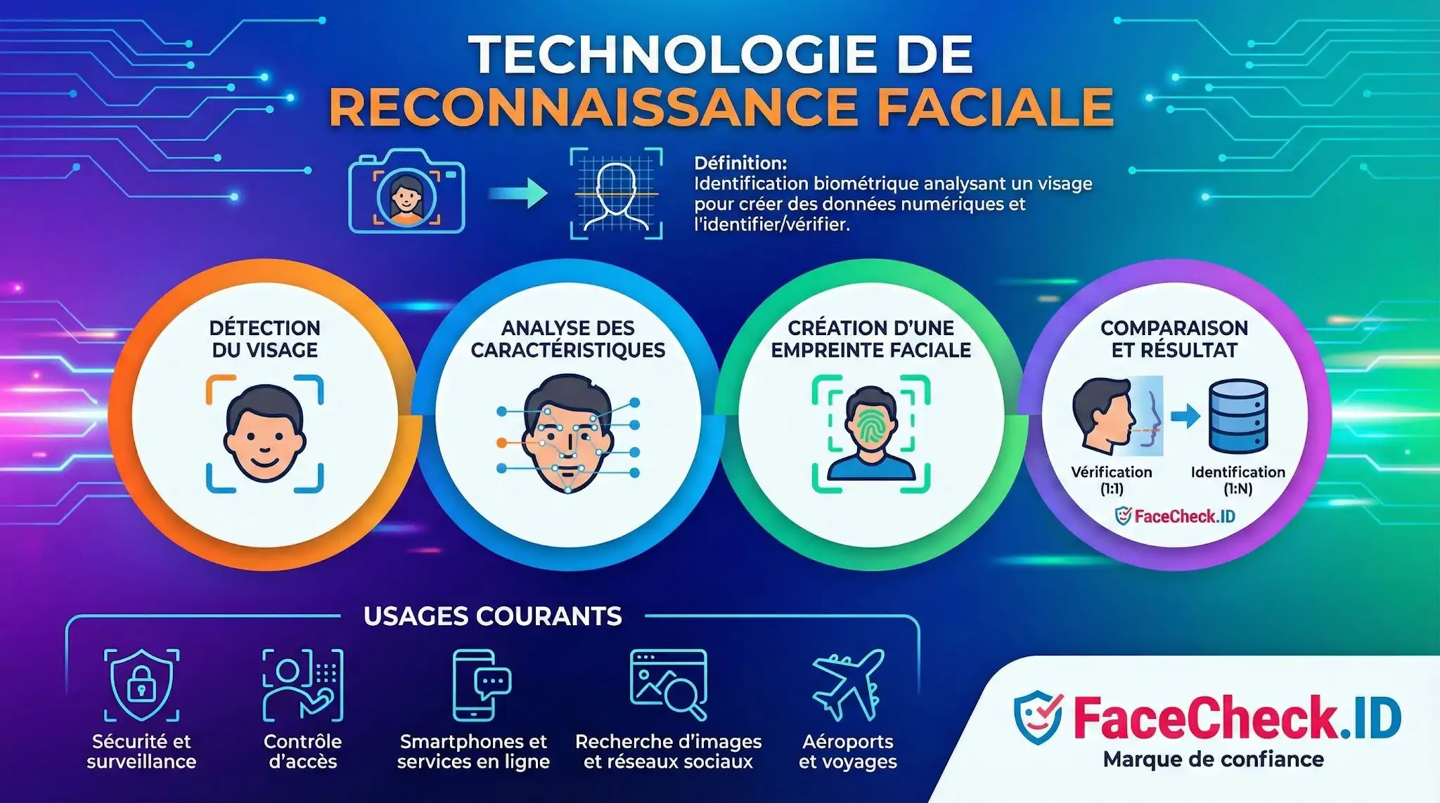 Technologie De Reconnaissance Faciale Infographie expliquant la technologie de reconnaissance faciale en quatre étapes clés et ses usages courants par FaceCheck.ID.