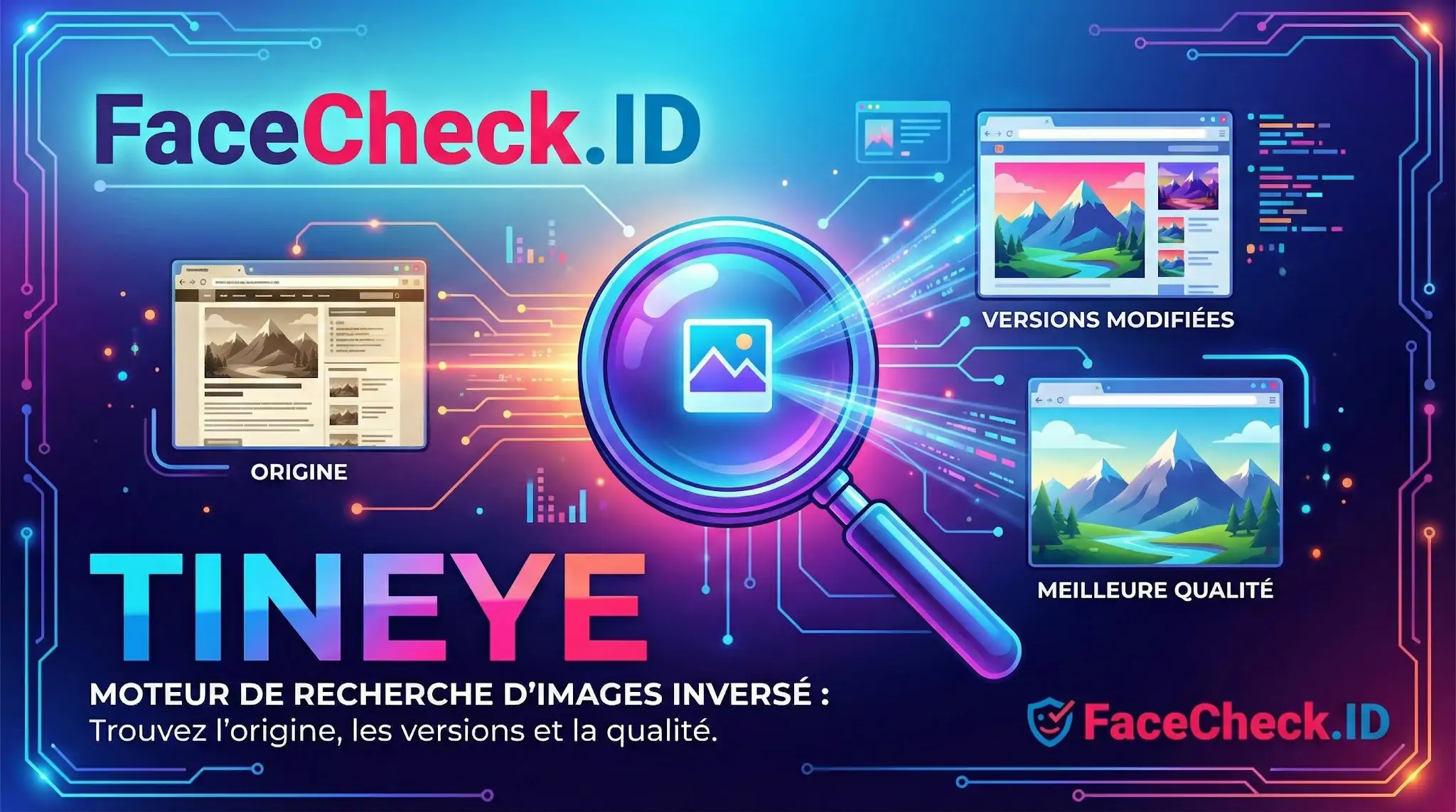 TinEye Infographie expliquant comment TinEye permet de retrouver lorigine, les versions modifiées et la meilleure qualité dune image.