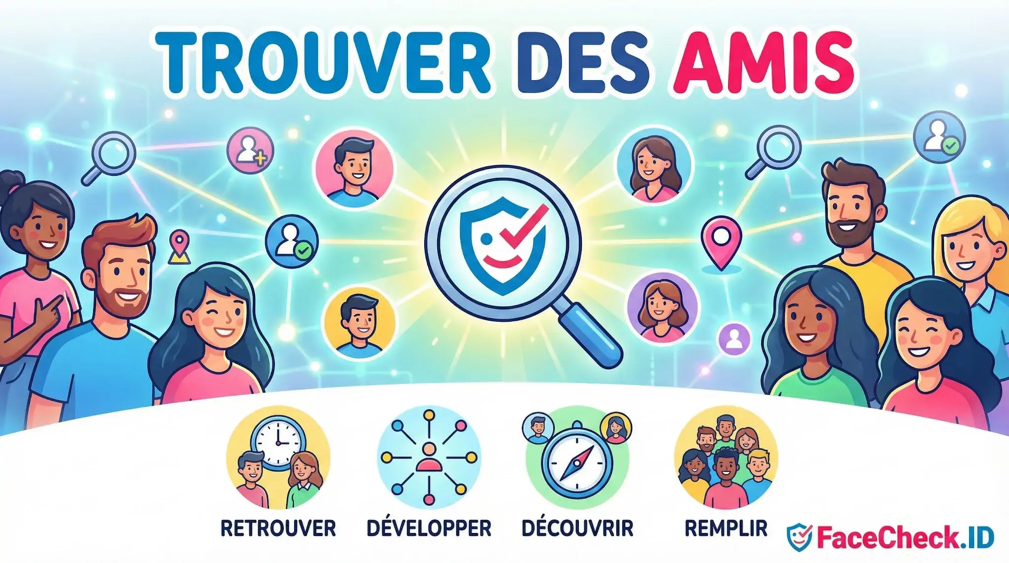 Illustration colorée sur comment trouver des amis, montrant un groupe diversifié connecté par un réseau social sécurisé avec des icônes pour retrouver, développer, découvrir et remplir son cercle social.