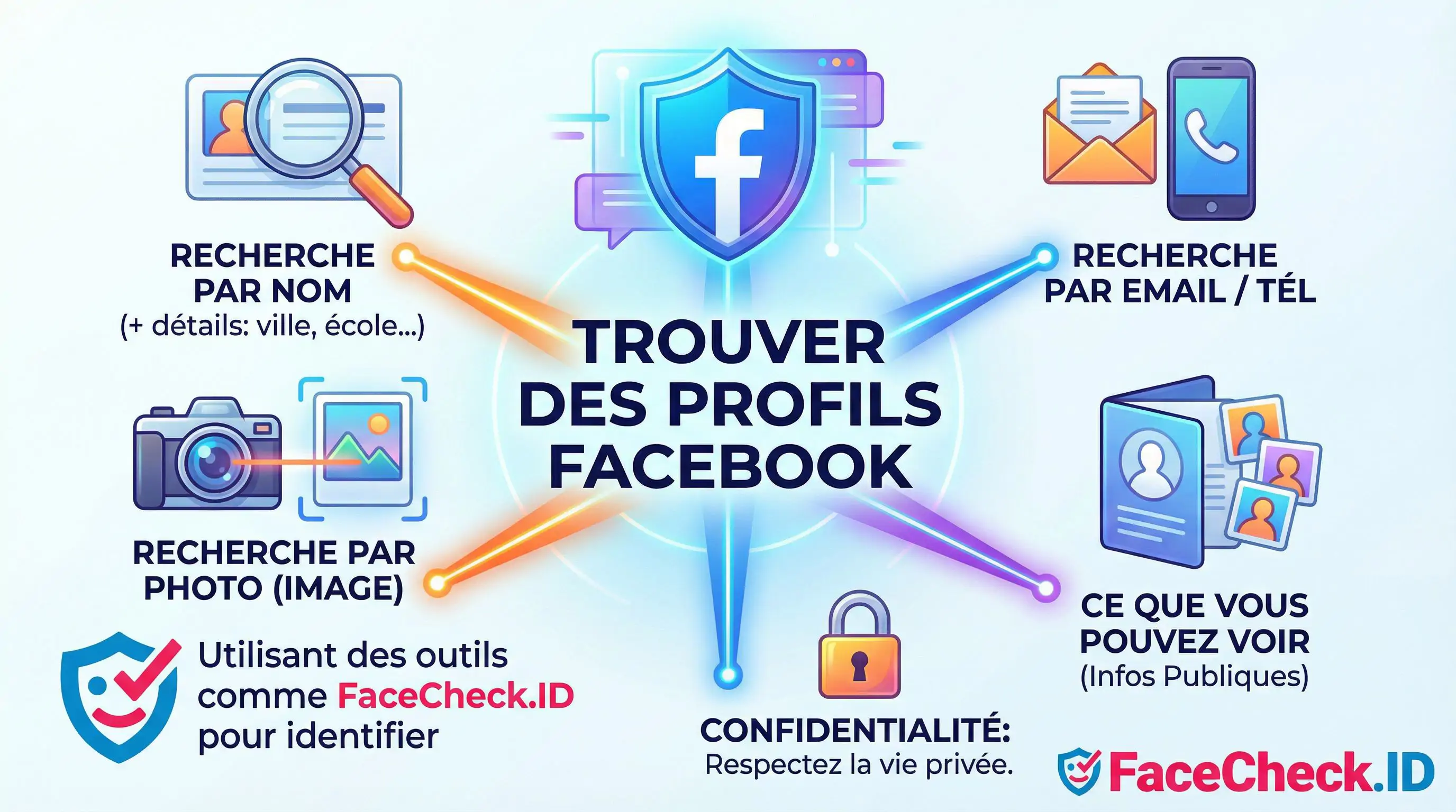 Infographie expliquant comment trouver des profils Facebook par nom, photo ou email avec des outils comme FaceCheck.ID.