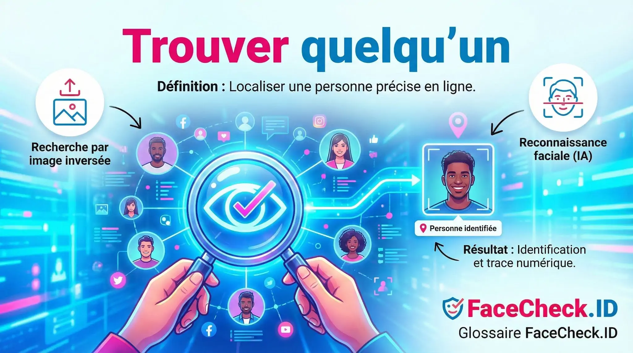 Infographie expliquant comment trouver quelquun en ligne via la reconnaissance faciale et la recherche inversée avec FaceCheck.ID.