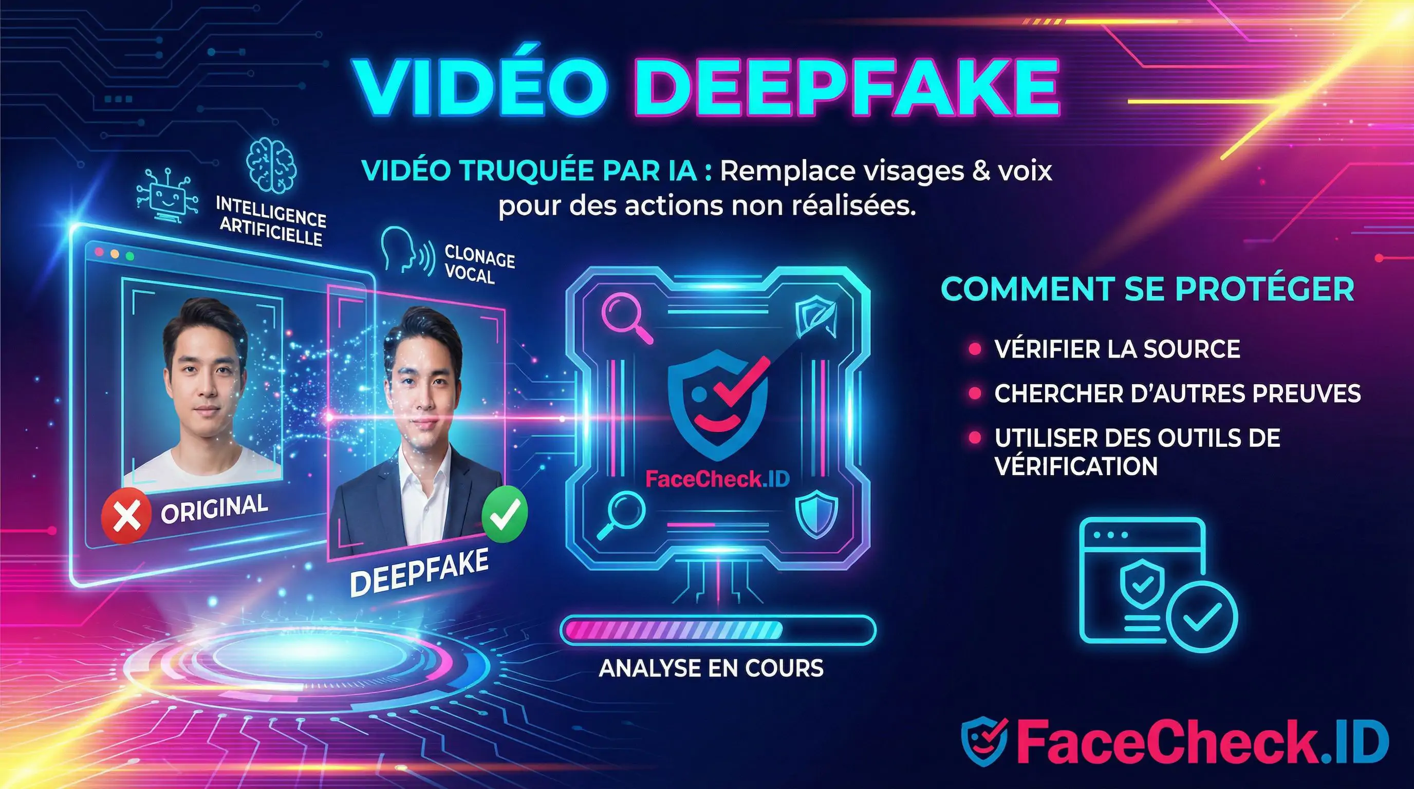 Vidéo Deepfake Infographie sur la vidéo Deepfake expliquant le trucage par IA, le clonage vocal et les conseils de protection comme vérifier la source avec FaceCheck.ID.