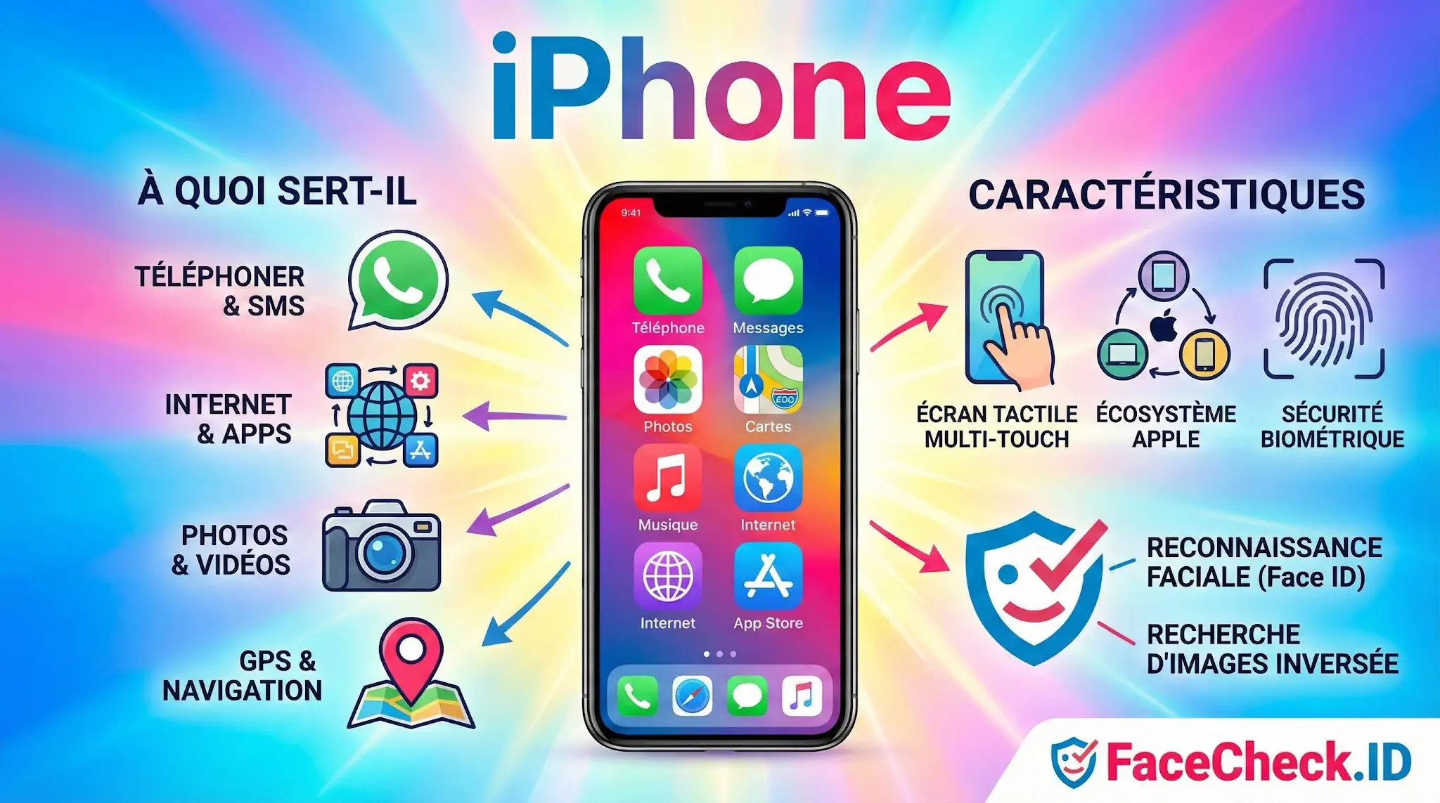 Infographie iPhone détaillant ses usages (téléphone, GPS, photos) et caractéristiques (écran tactile, Face ID, sécurité biométrique).