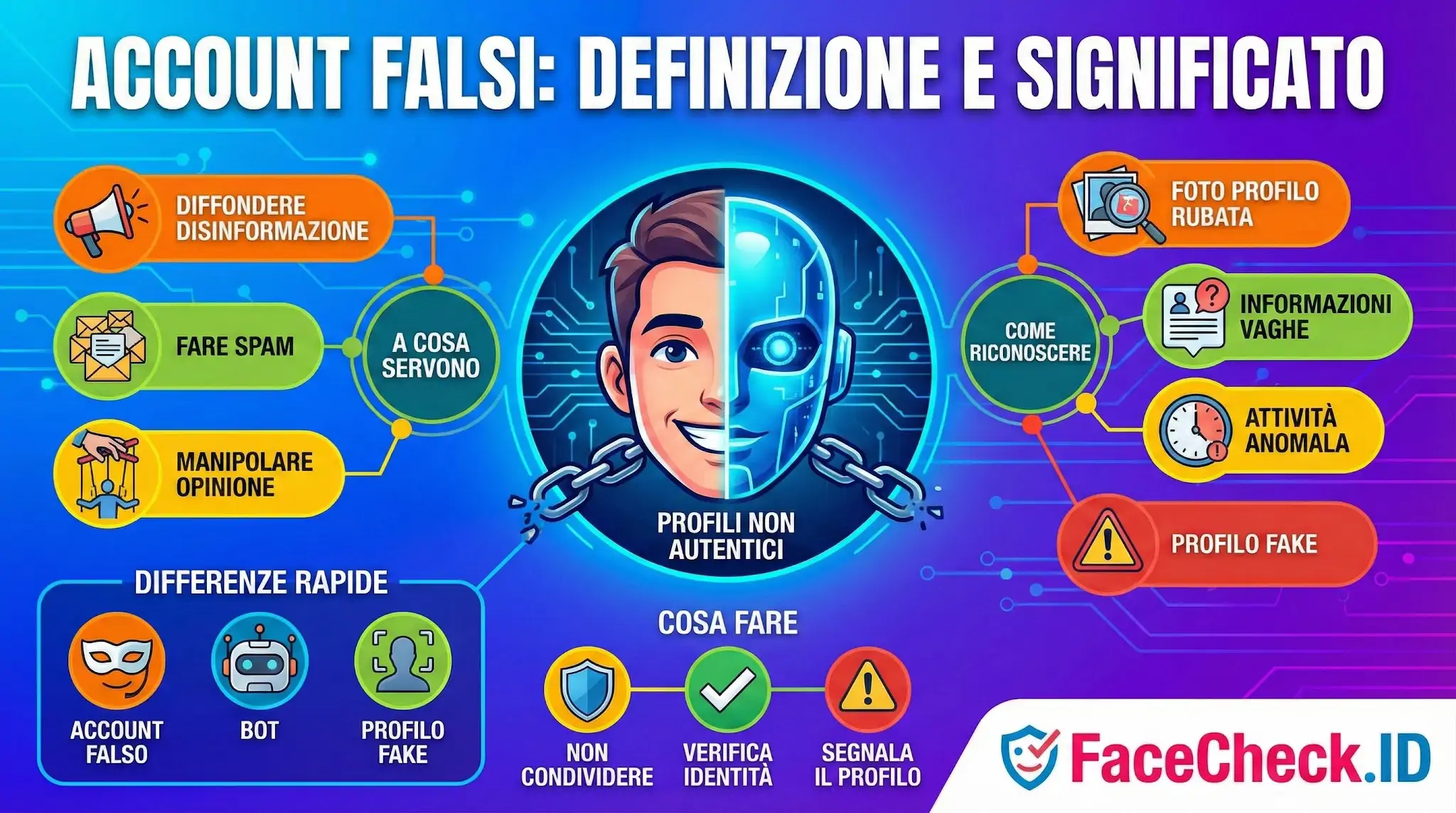 Infografica sugli Account Falsi con definizione e significato: spiega a cosa servono come riconoscere profili fake e cosa fare per segnalarli.