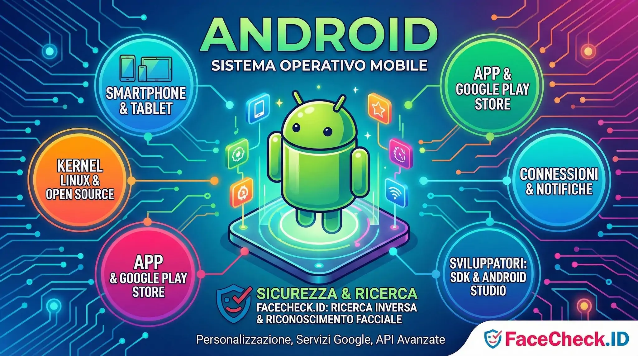 Android Infografica Android: sistema operativo mobile con i suoi componenti chiave come app, kernel Linux, notifiche e sicurezza.