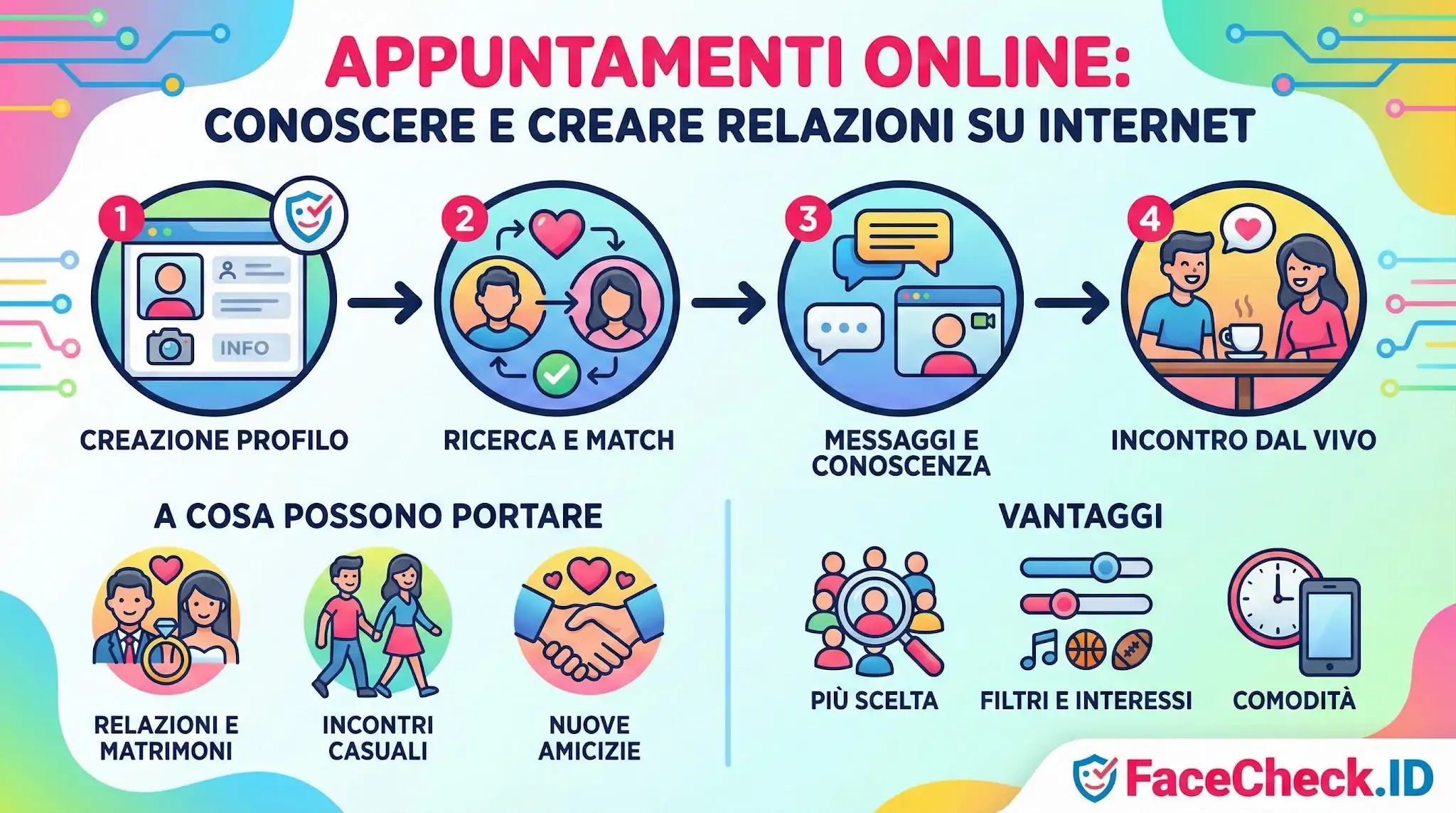 Appuntamenti Online Infografica sugli Appuntamenti Online che spiega come creare un profilo, cercare match, chattare e incontrarsi dal vivo, i possibili risultati e i vantaggi.