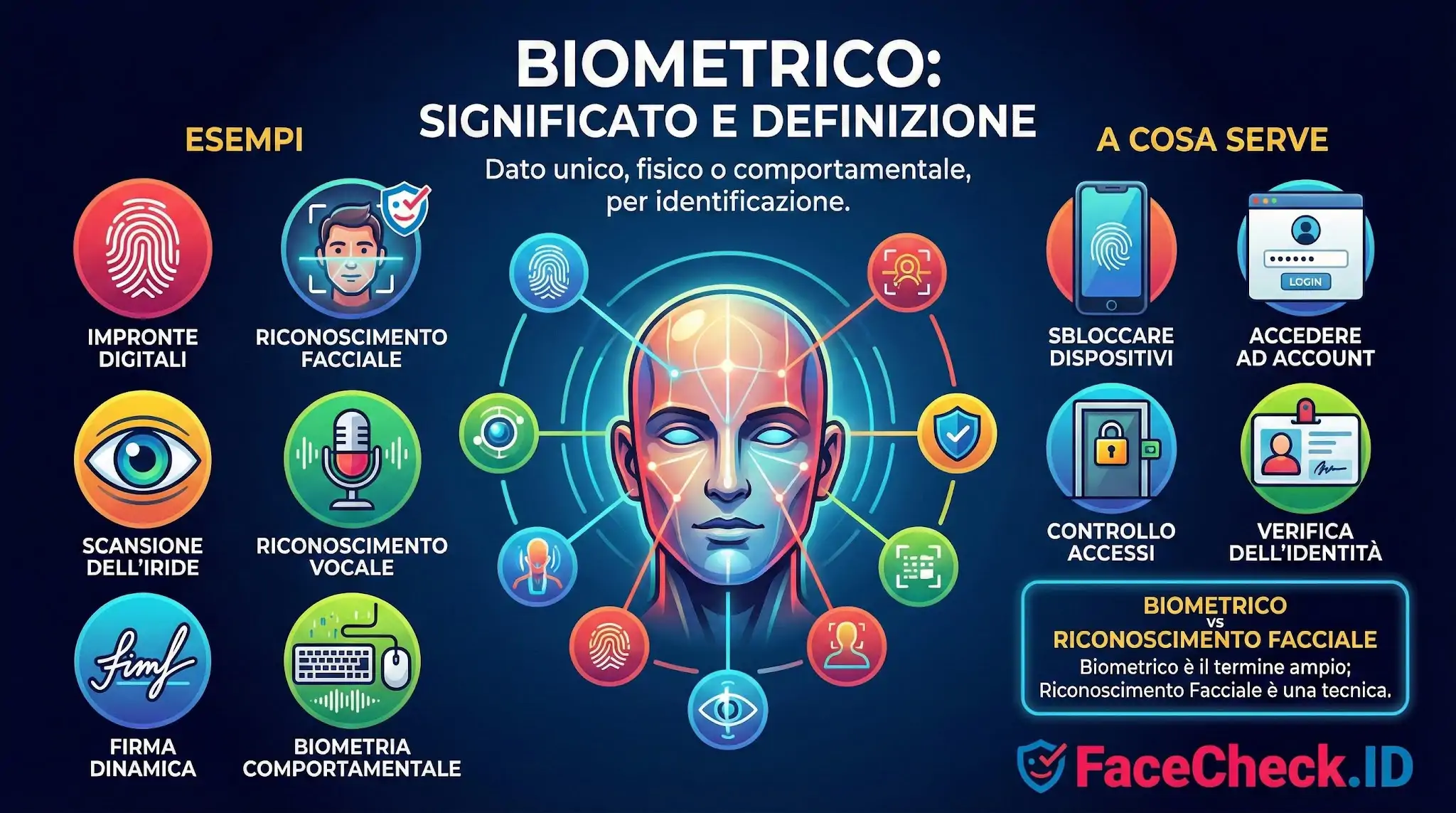 Infografica che spiega il significato di Biometrico con vari esempi.